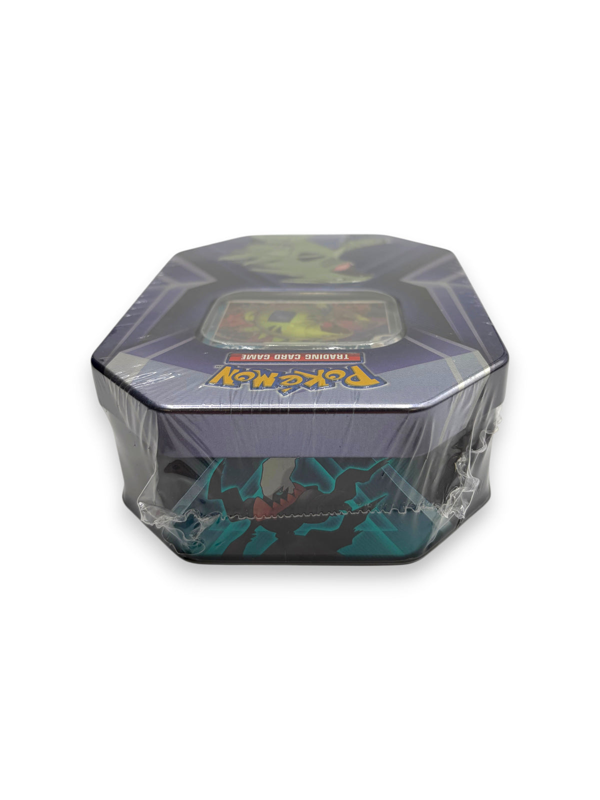 Lowkey Stock Pokemon TCG Triple Whammy Collector Tin featuring Tyranitar artwork and three sealed booster packs.