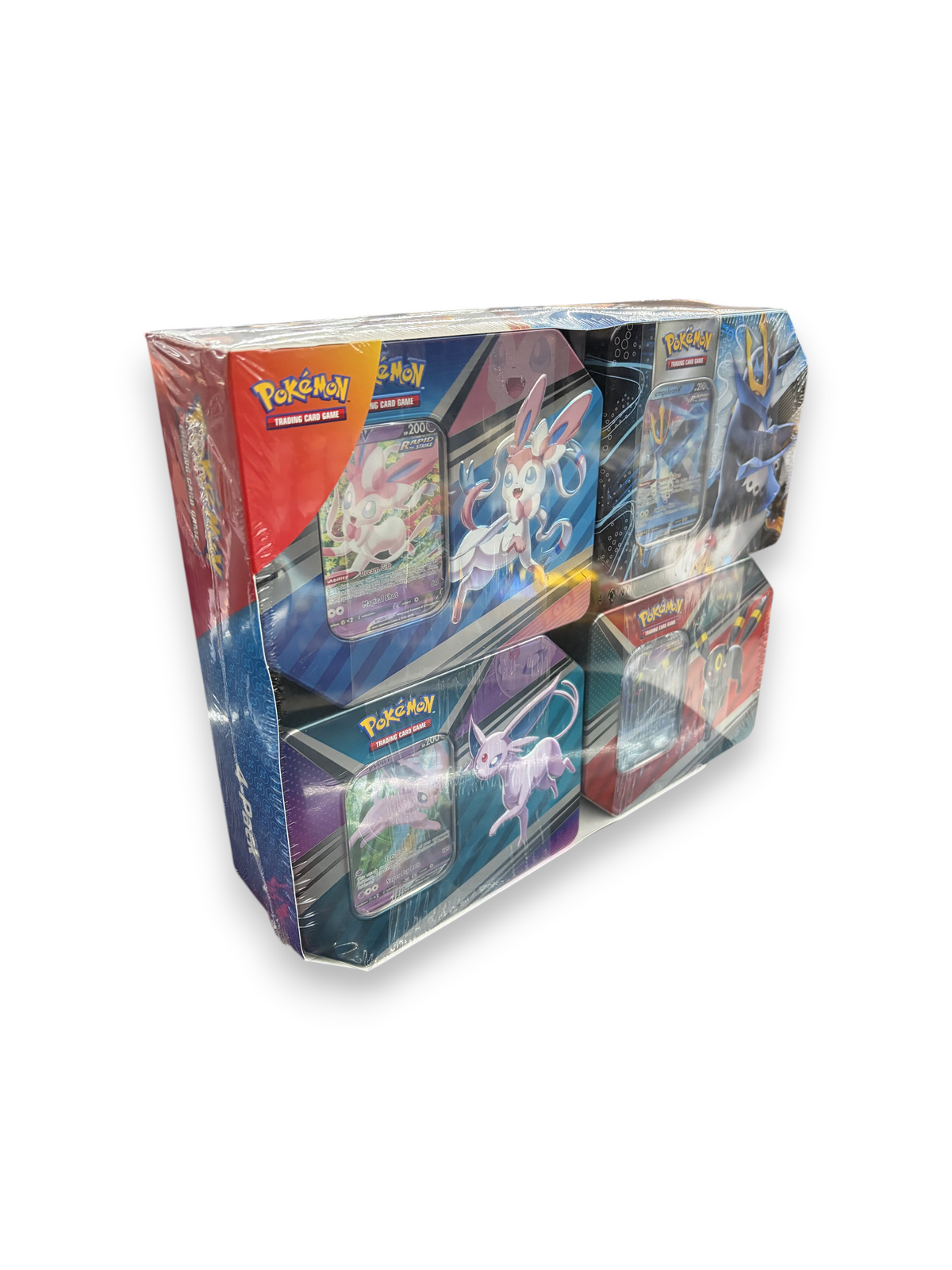 Lowkey Stock Pokémon 4 tin set featuring Umbreon, Sylveon, Espeon, and Empoleon V Heroes in original shrink wrap
