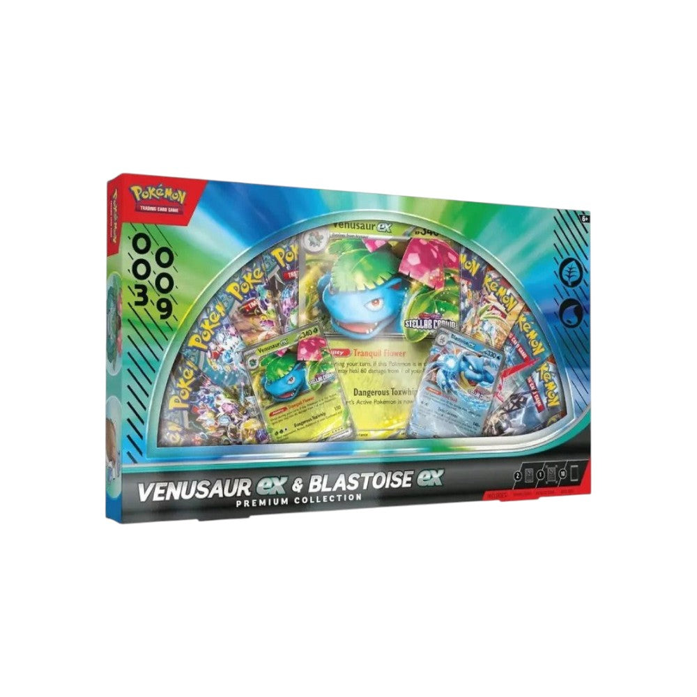 Lowkey Stock Pokémon TCG Venusaur ex and Blastoise ex Premium Collection box set with booster packs and promo cards