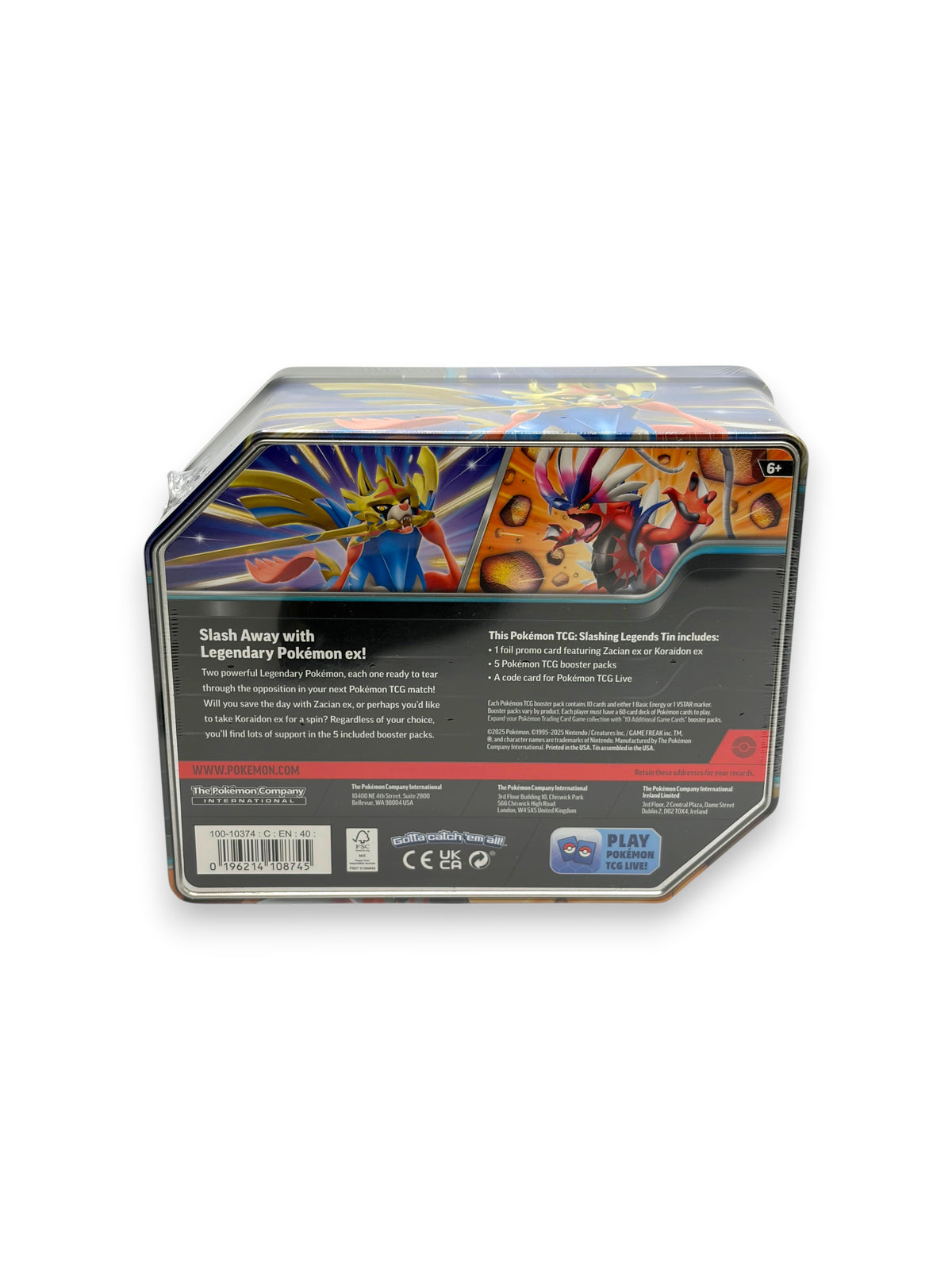 Lowkey Stock Pokemon TCG Slashing Legends Zacian tin back view showing product details and booster pack information