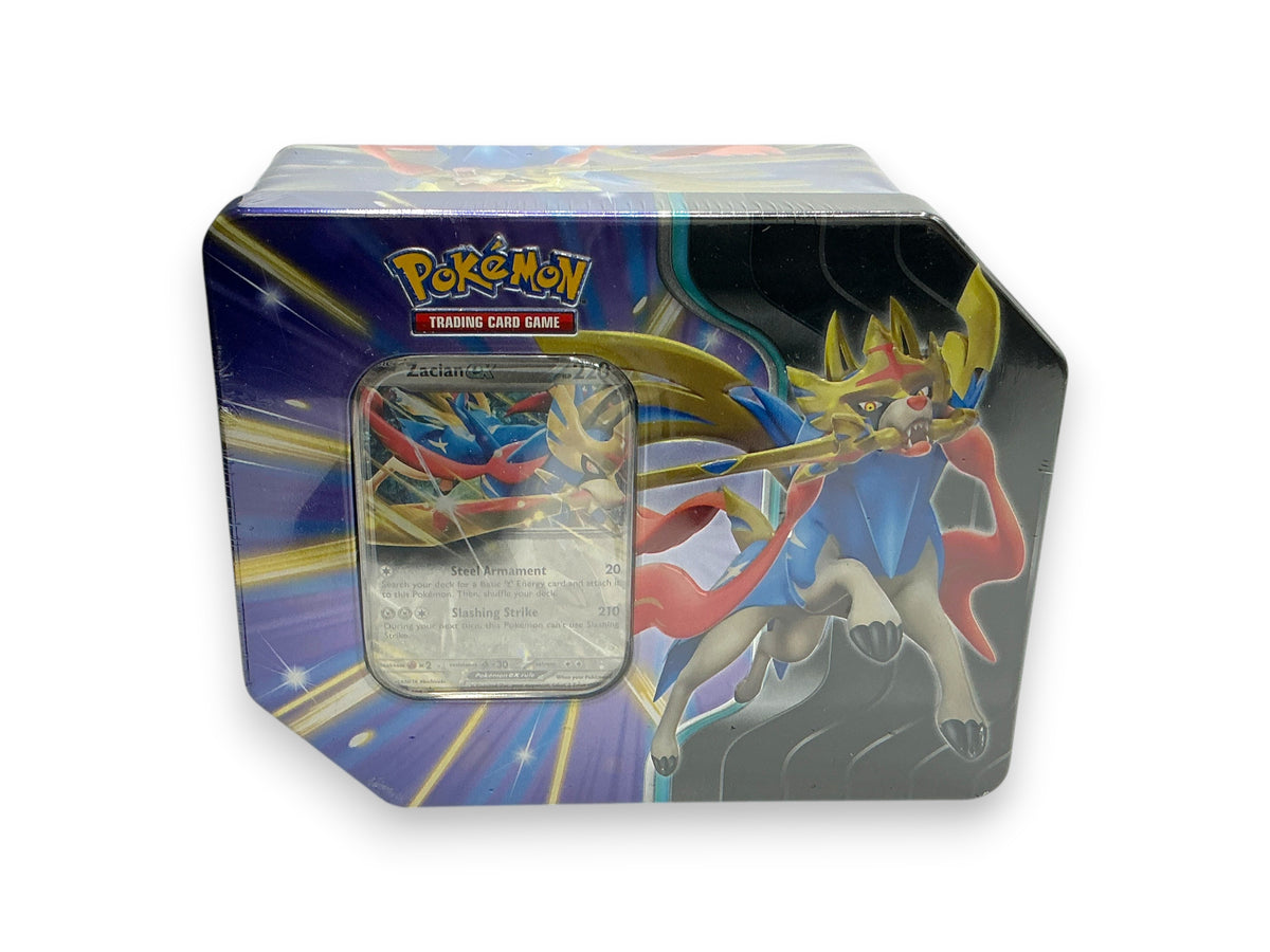 Lowkey Stock sealed Pokemon TCG Slashing Legends Zacian tin featuring Zacian ex artwork and a display window