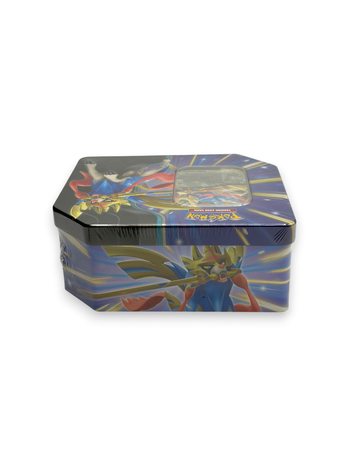 Lowkey Stock Pokemon TCG Slashing Legends Zacian tin, factory sealed with vibrant character artwork on metal container.