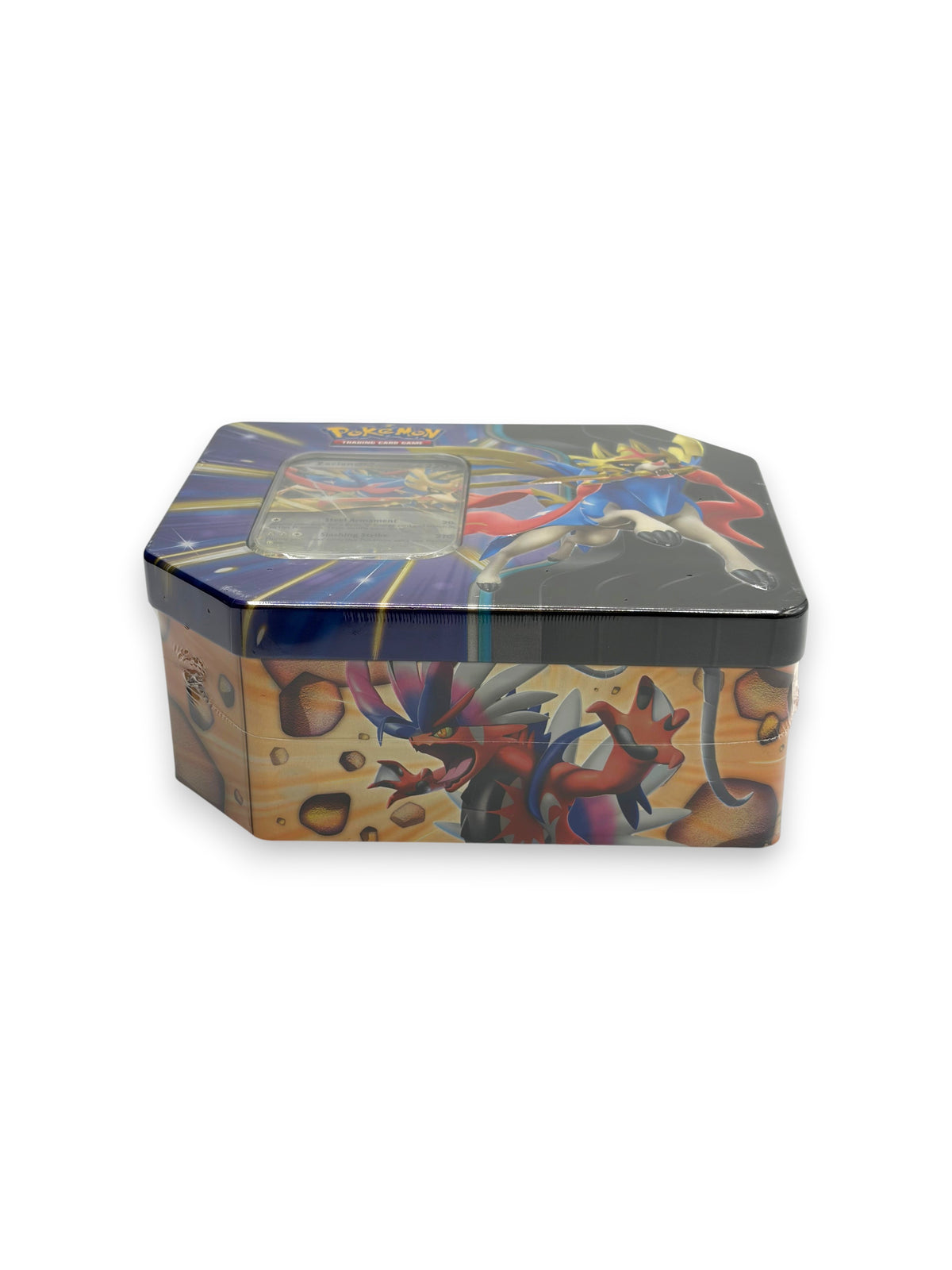 Lowkey Stock sealed Pokemon TCG Slashing Legends Zacian collector tin featuring vibrant character artwork