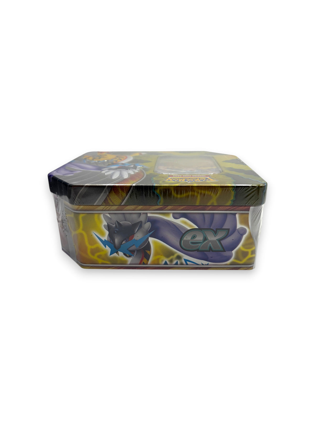 Lowkey Stock factory sealed Pokémon TCG Paradox Destinies tin featuring Raging Bolt ex artwork on a hexagonal metal box