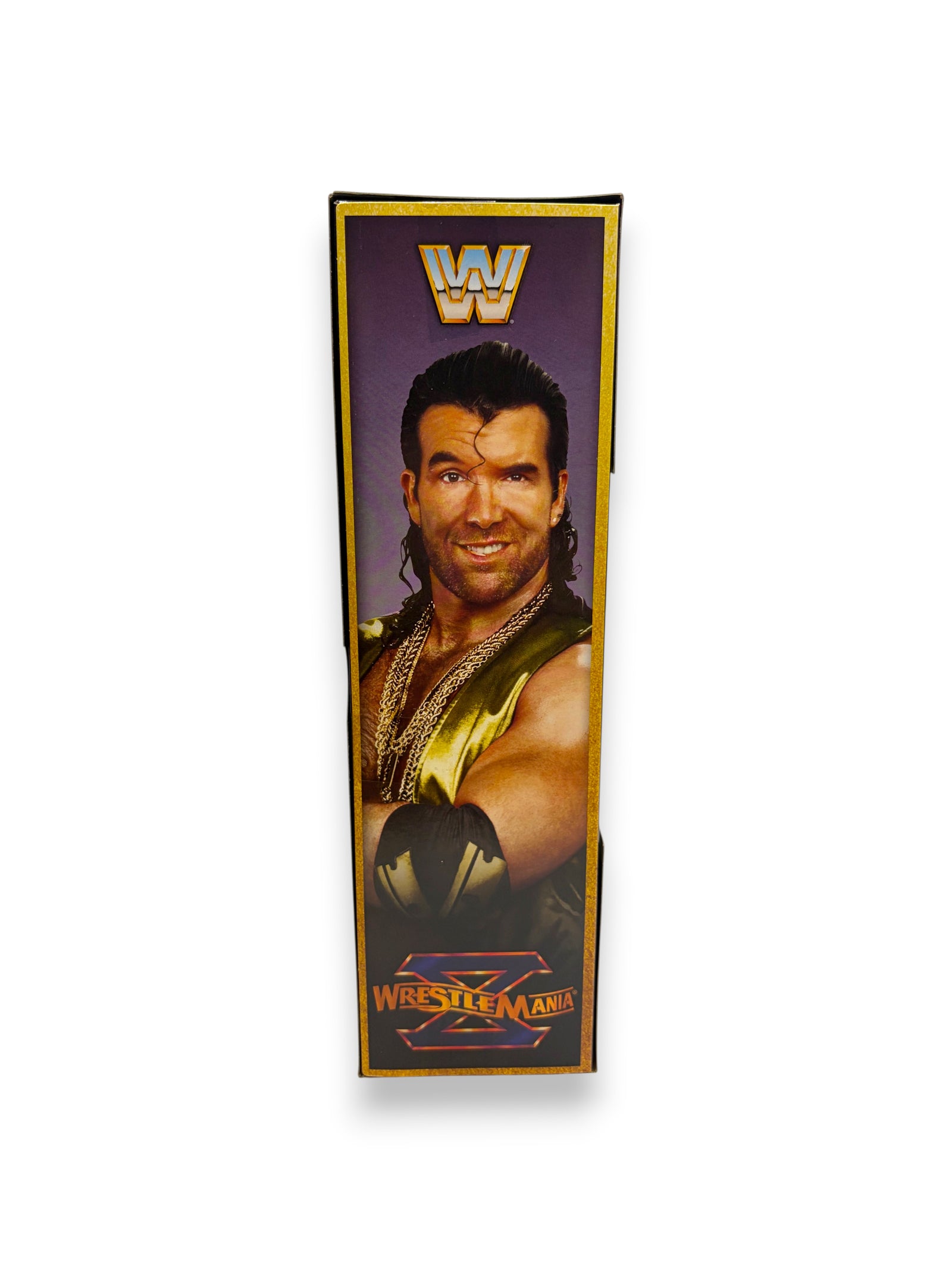 Lowkey Stock WWE Elite Wrestlemania X Razor Ramon action figure side packaging featuring a portrait of the wrestler
