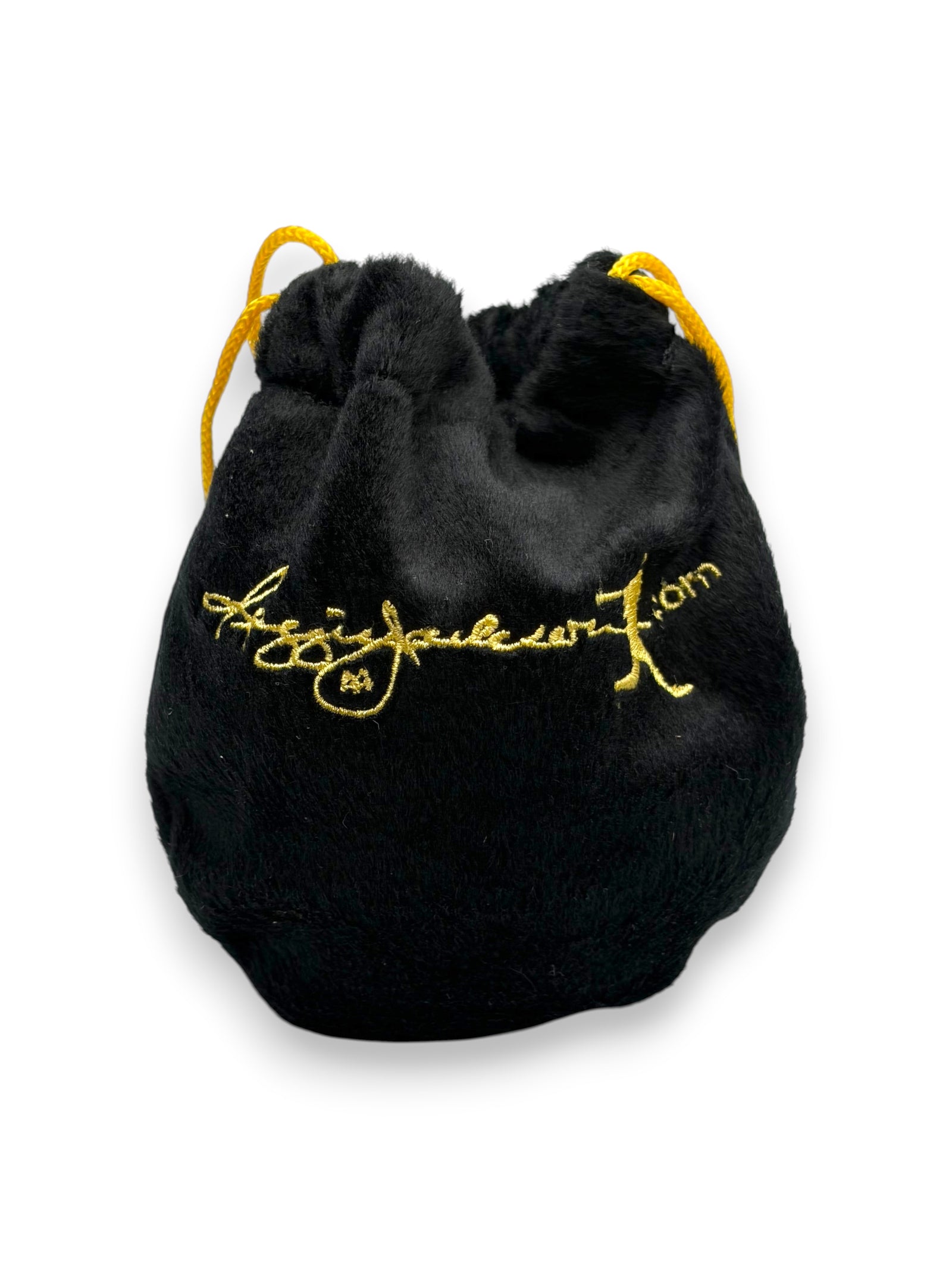 Lowkey Stock black velvet drawstring bag with gold embroidered Reggie Jackson signature for autographed baseball