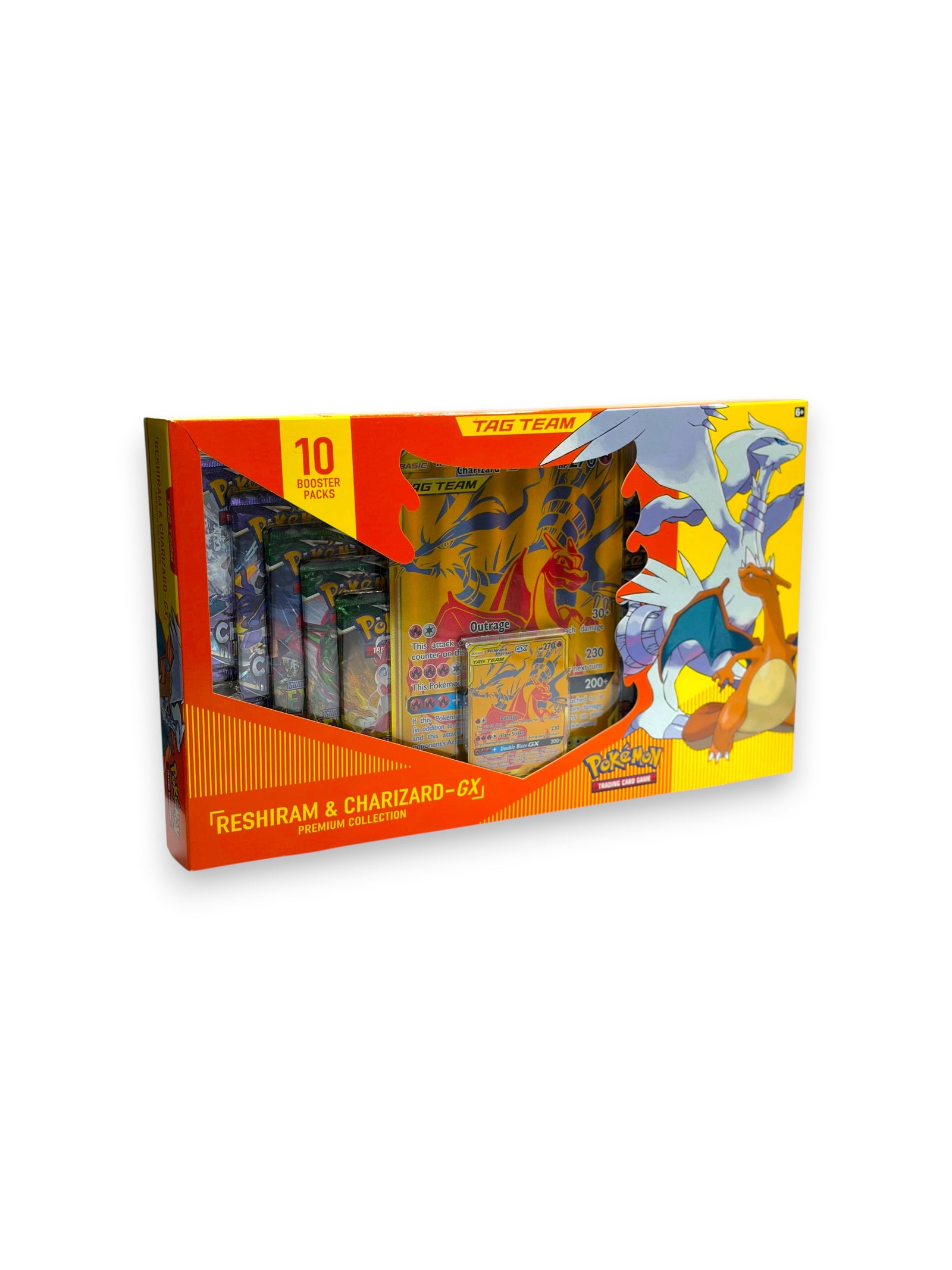 Lowkey Stock Pokémon TCG Reshiram & Charizard-GX Premium Collection box with booster packs and gold foil cards