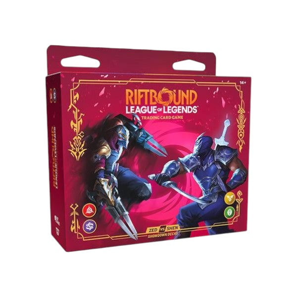 Lowkey Stock Riftbound League of Legends Zed vs Shen Showdown trading card game deck box with red and gold artwork
