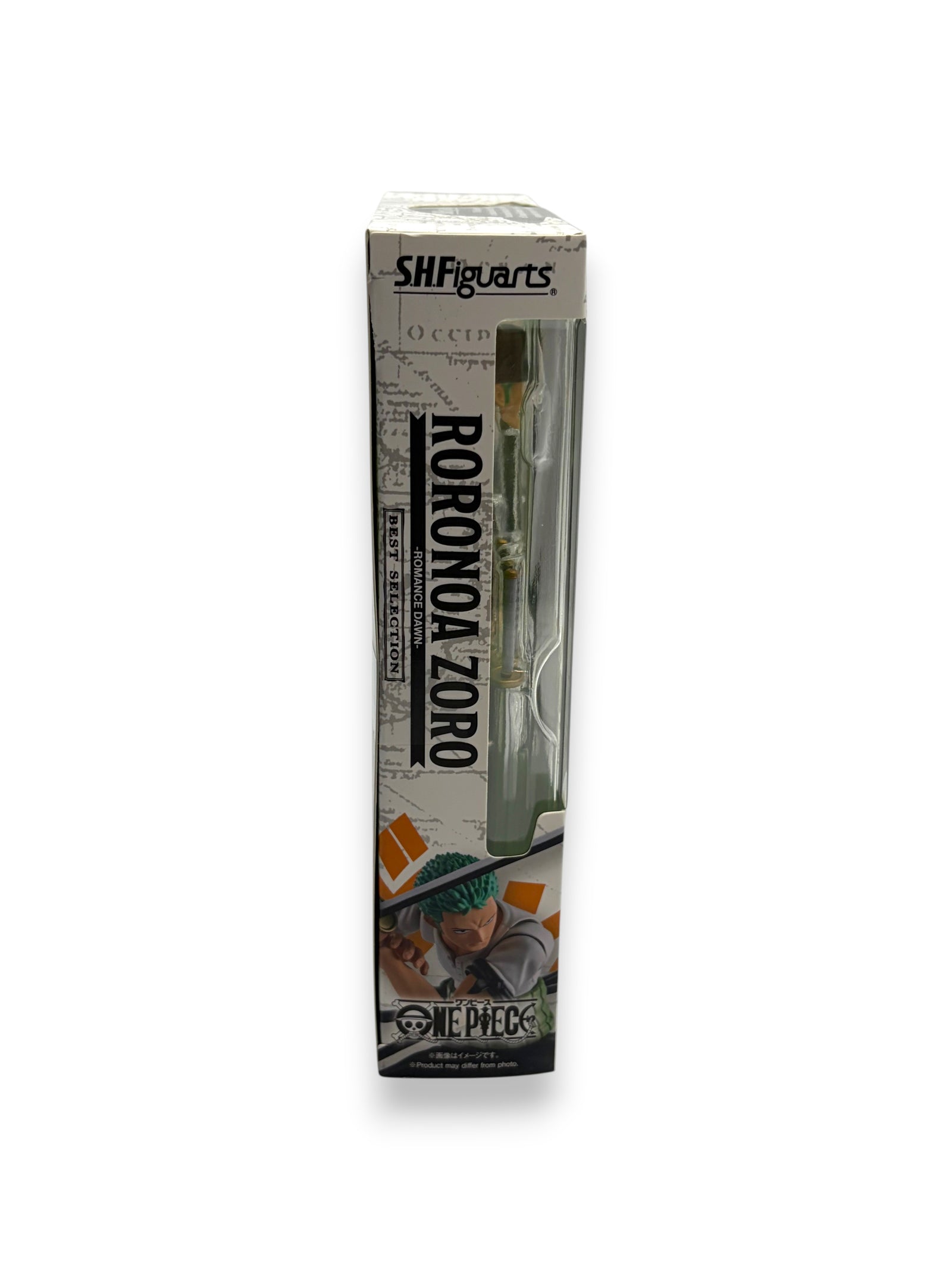 Lowkey Stock S.H. Figuarts Roronoa Zoro Romance Dawn action figure side view of the collectible display box