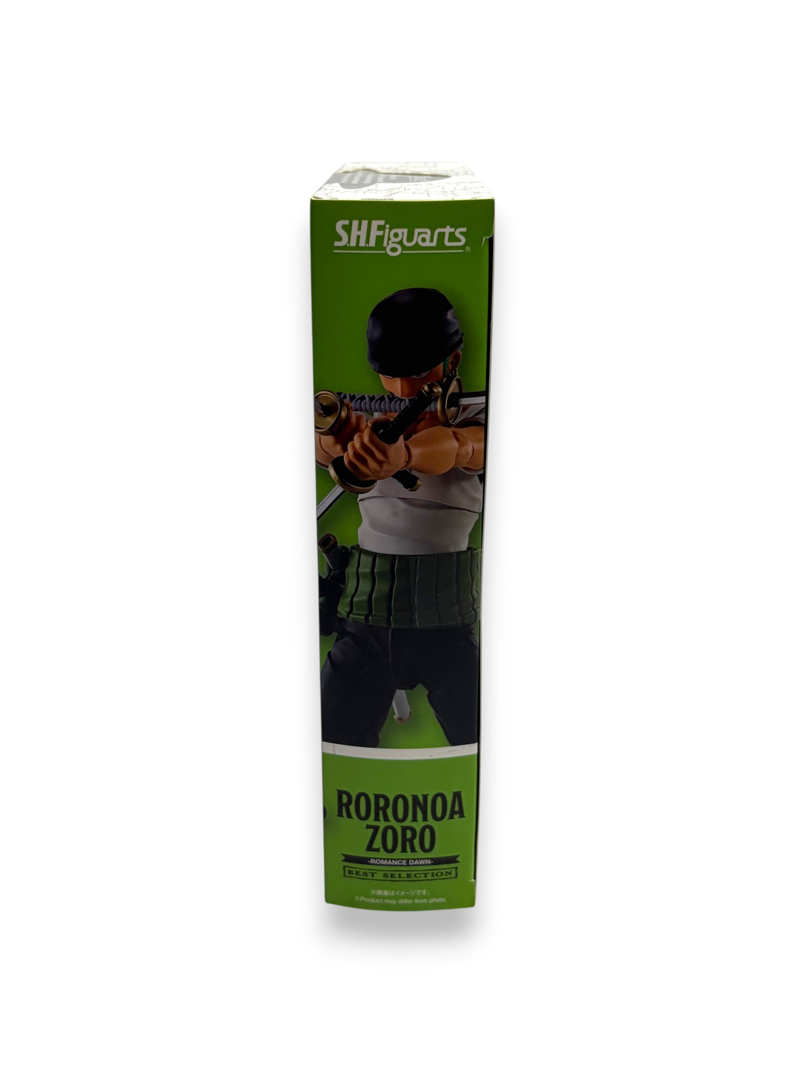Lowkey Stock S.H. Figuarts Roronoa Zoro Romance Dawn action figure box side view featuring character artwork