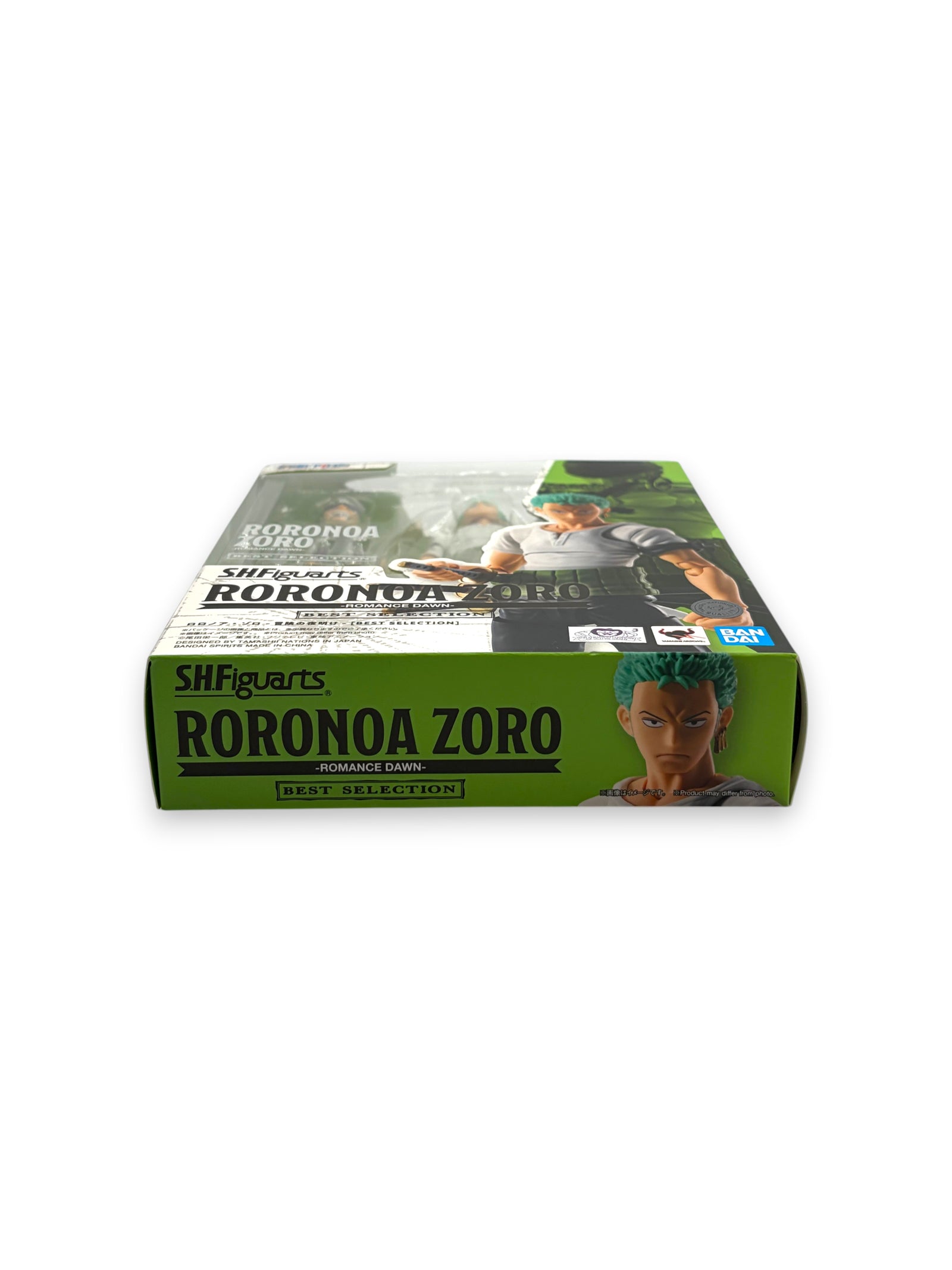 Lowkey Stock S.H. Figuarts Roronoa Zoro Romance Dawn Best Selection action figure in green branded packaging