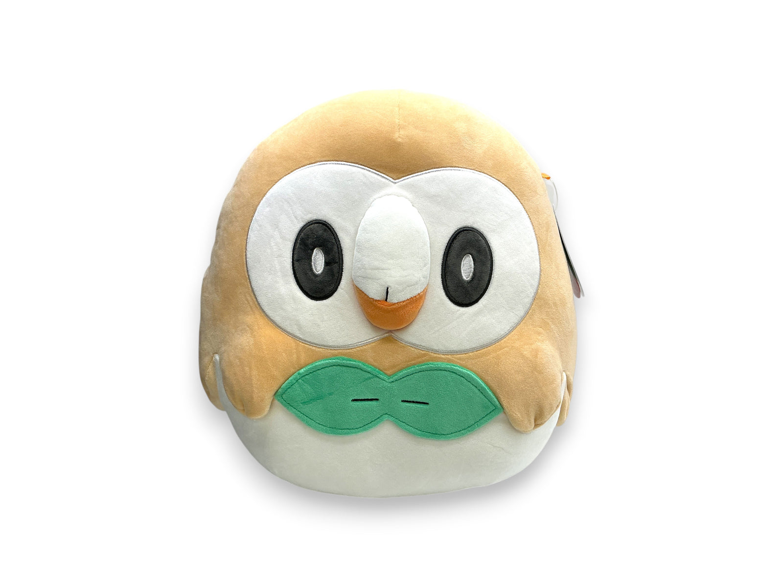 Lowkey Stock 14 inch Rowlet plush toy from Pokémon Center featuring ultrasoft tan and white fabric with green bowtie