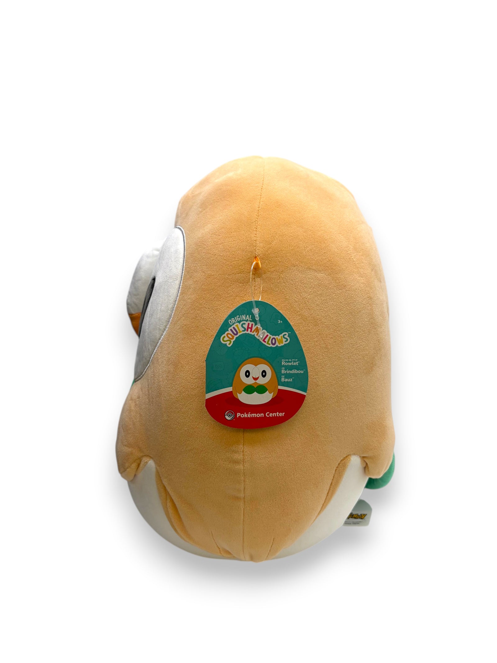 Lowkey Stock 14 inch Rowlet Pokémon Squishmallows plush toy featuring soft tan fabric and official product tag
