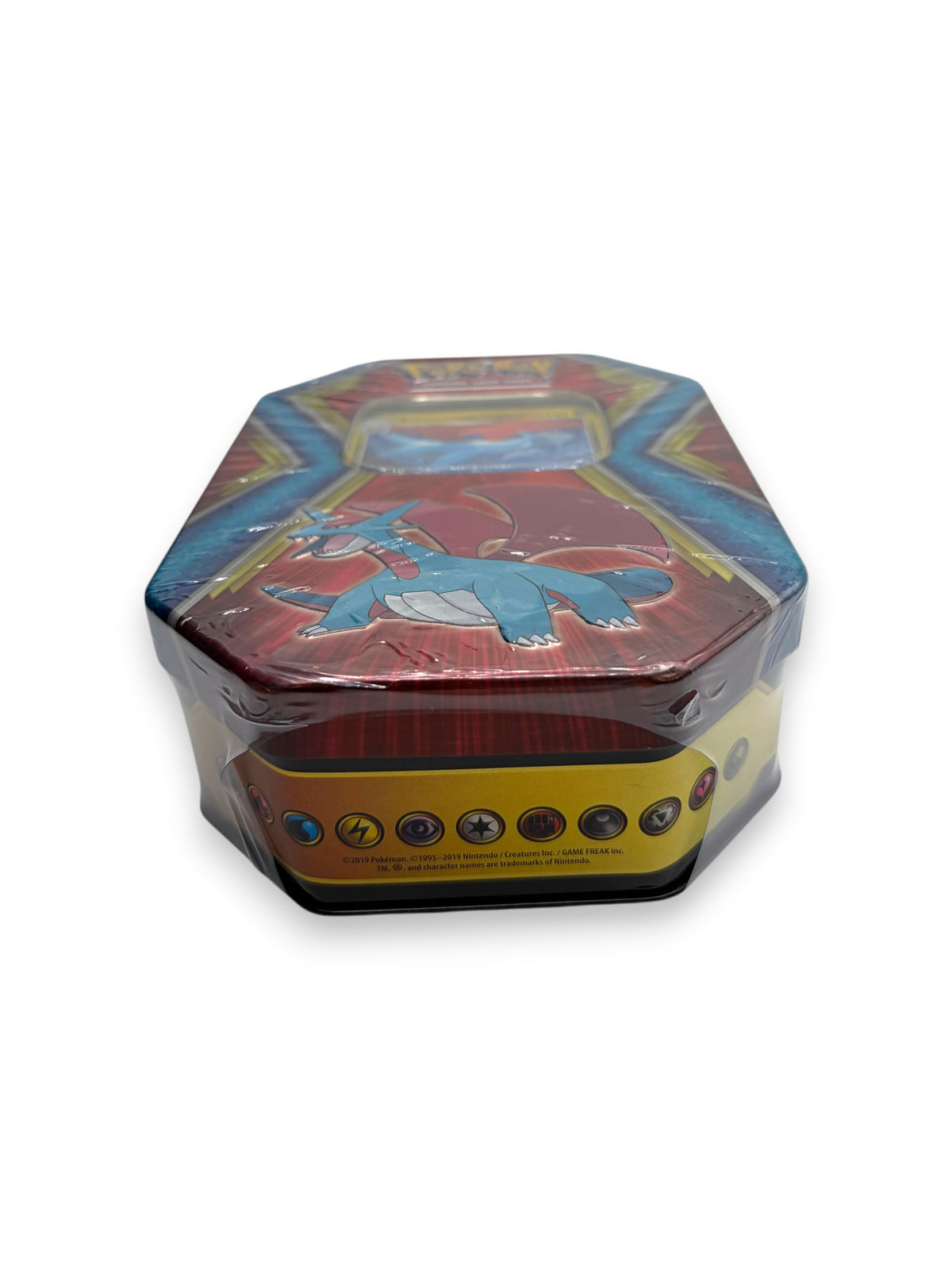 Lowkey Stock sealed 2019 Pokémon TCG Dragon Tin featuring Salamence artwork on a metallic red and blue container