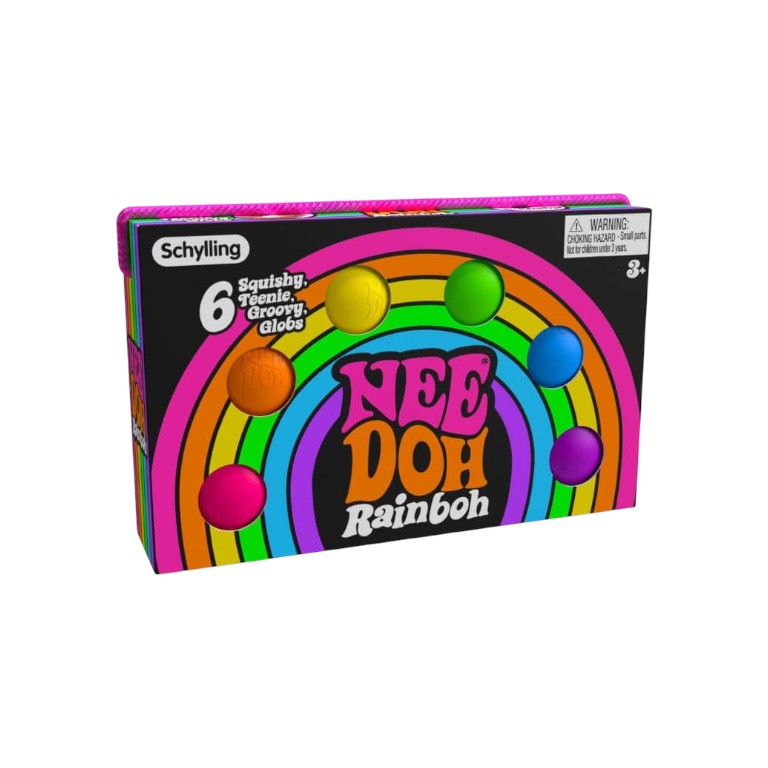 Lowkey Stock Schylling NeeDoh Rainboh set featuring 6 colorful Teenie NeeDoh sensory squeeze balls in a storage case.
