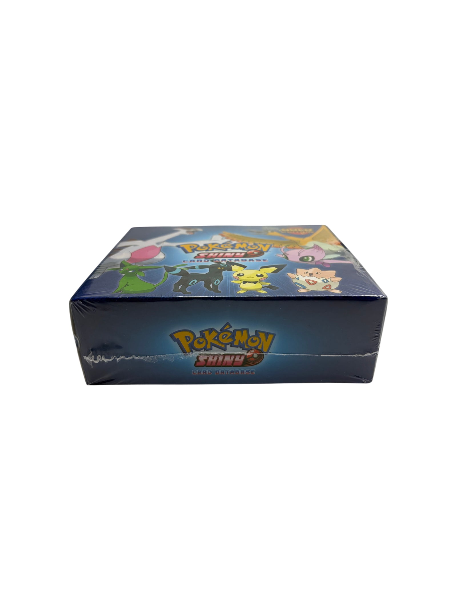 Lowkey Stock sealed Shiny Gold Edition Pokémon card database box featuring various character illustrations