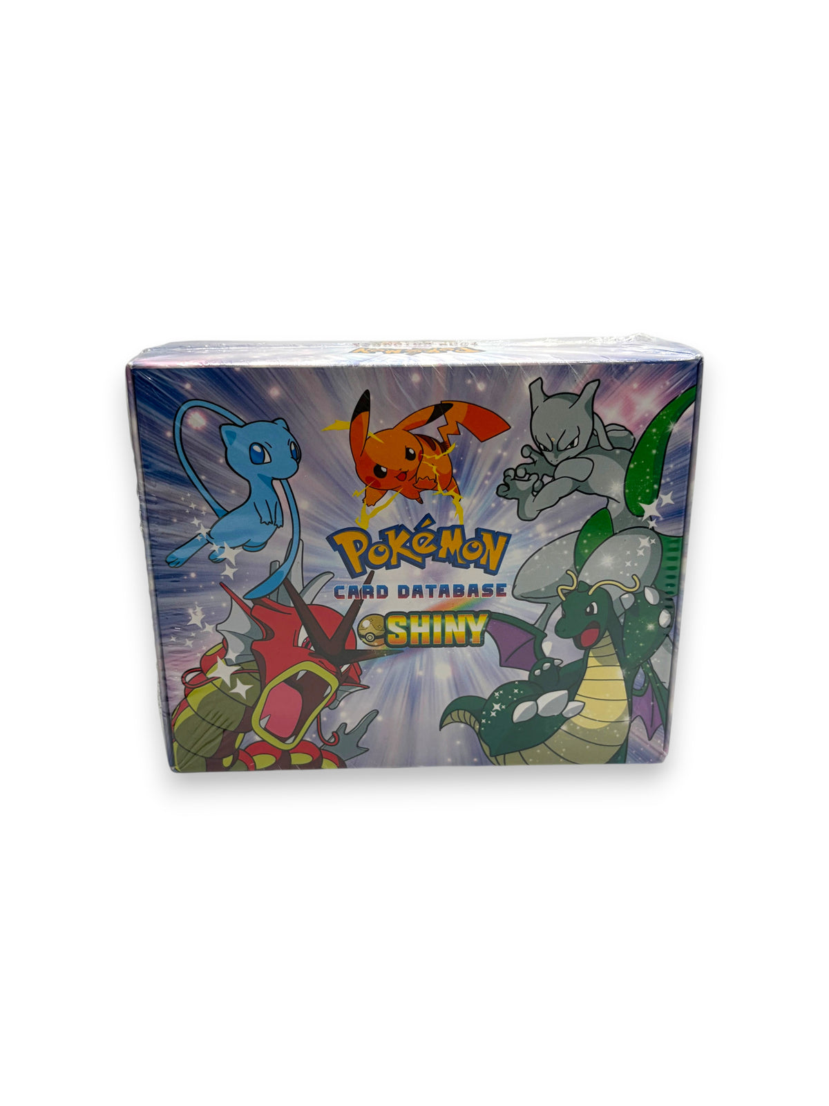 Lowkey Stock unlicensed Shiny Pokémon card database booster box featuring various shiny character illustrations.