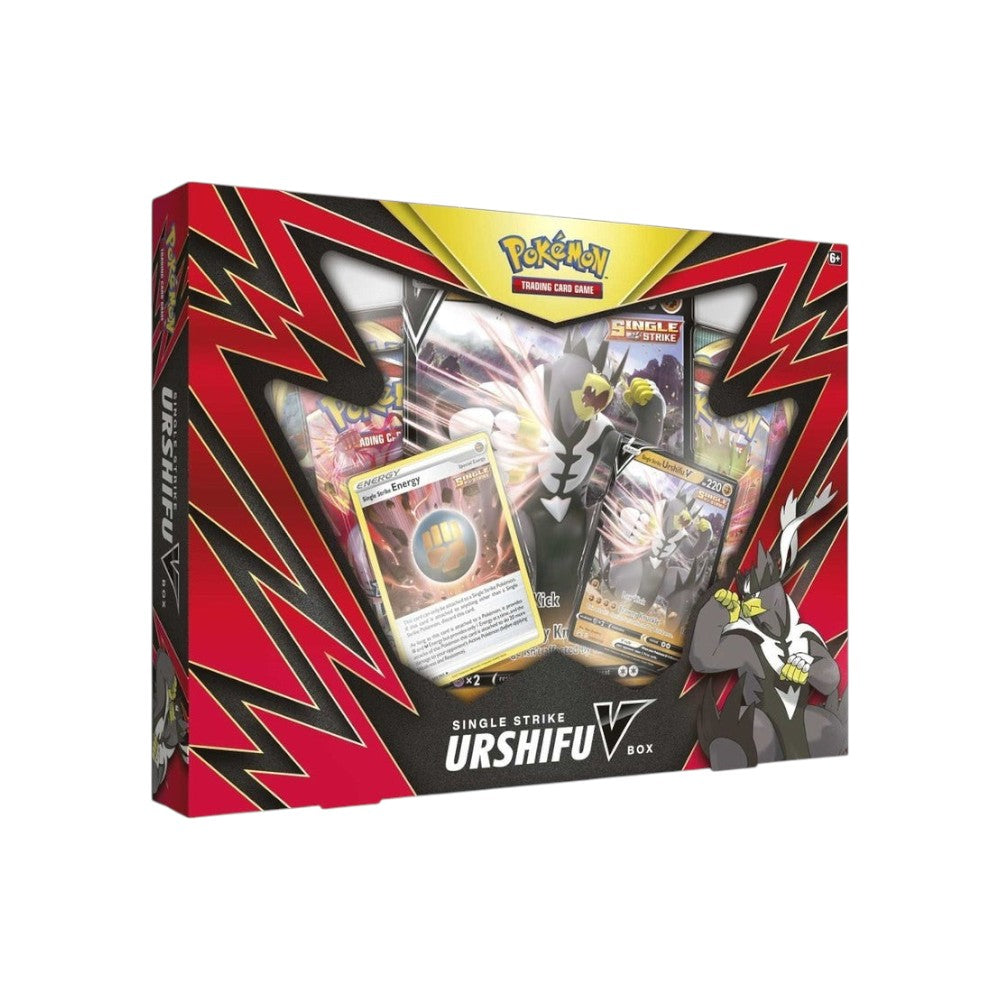 Lowkey Stock Pokémon TCG Single Strike Urshifu V Box featuring foil promo cards and four booster packs.