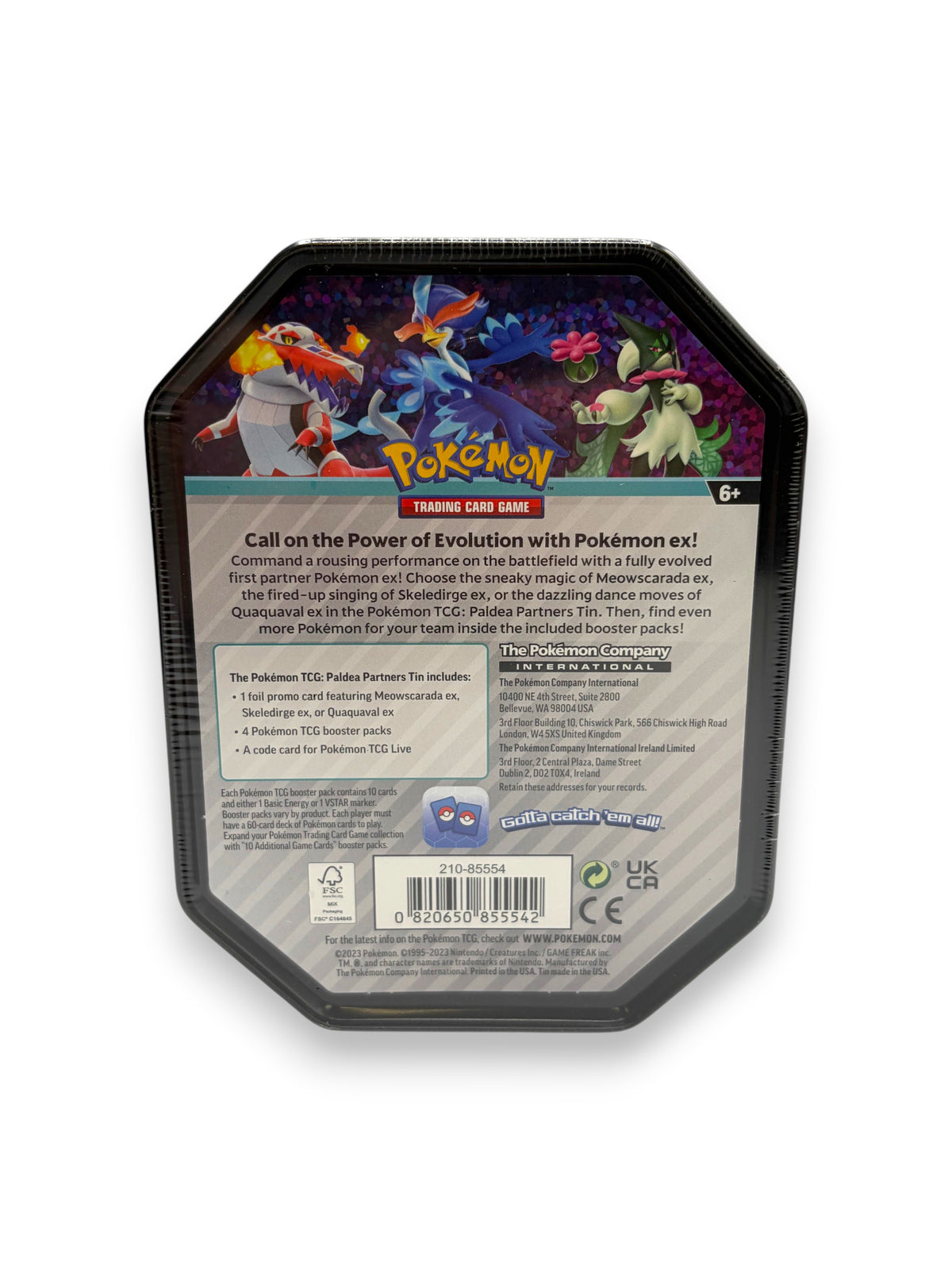 Lowkey Stock Pokemon TCG Paldea Partners Tin featuring Skeledirge ex back view with product details and barcode