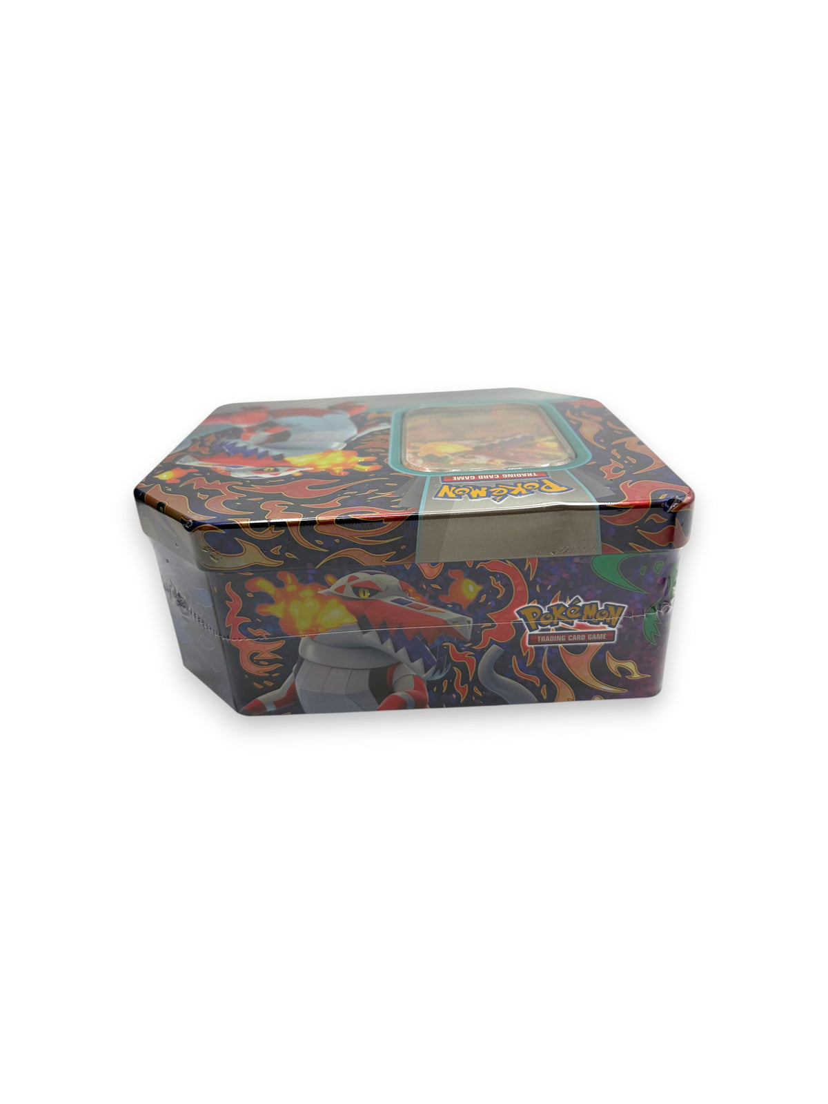 Lowkey Stock Pokemon TCG Paldea Partners Skeledirge EX tin featuring fire-themed artwork and factory sealed packaging.