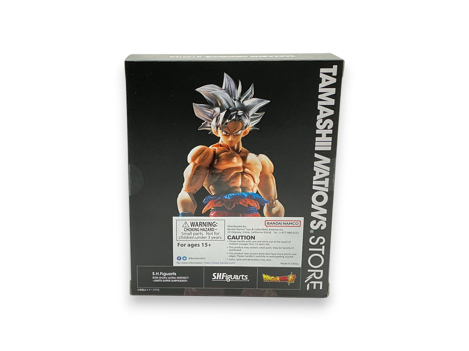 Lowkey Stock S.H.Figuarts Son Goku Ultra Instinct action figure box featuring silver hair and battle-worn design