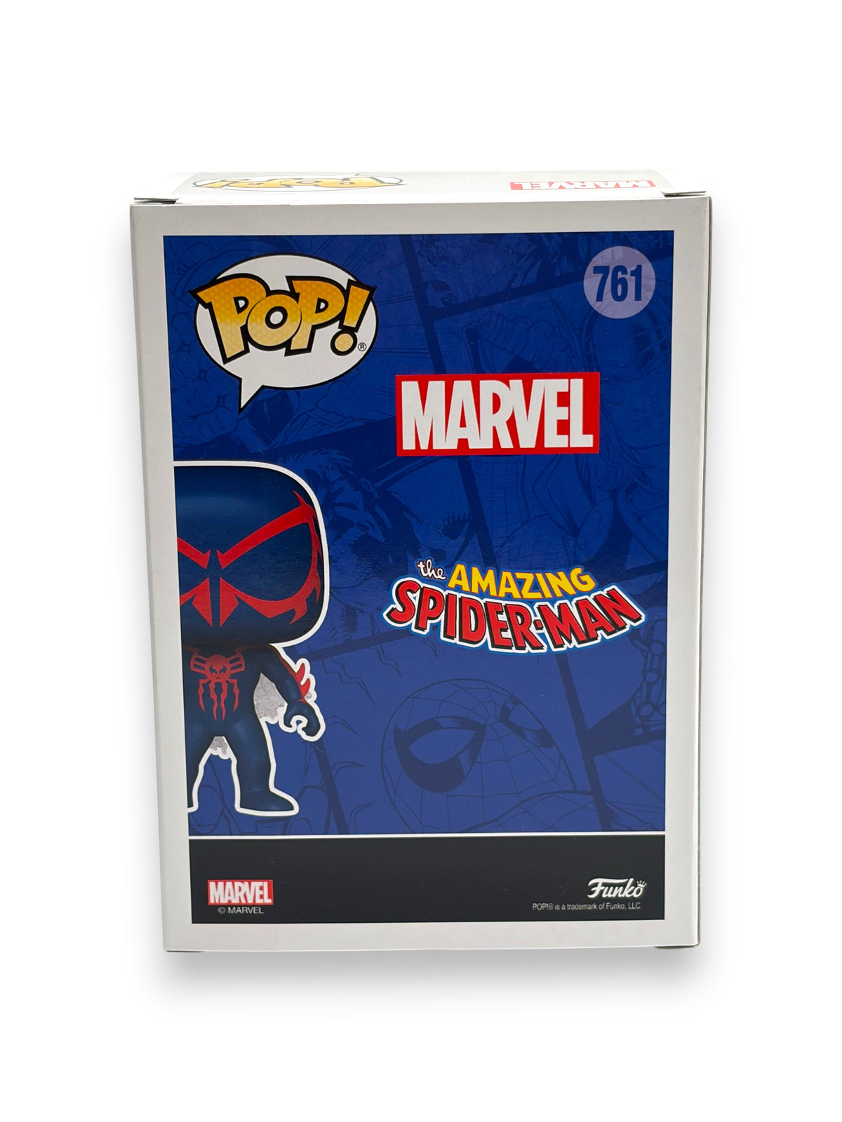 Lowkey Stock Funko Pop! Marvel Spider-Man 2099 #761 vinyl figure box back view with blue comic book graphics