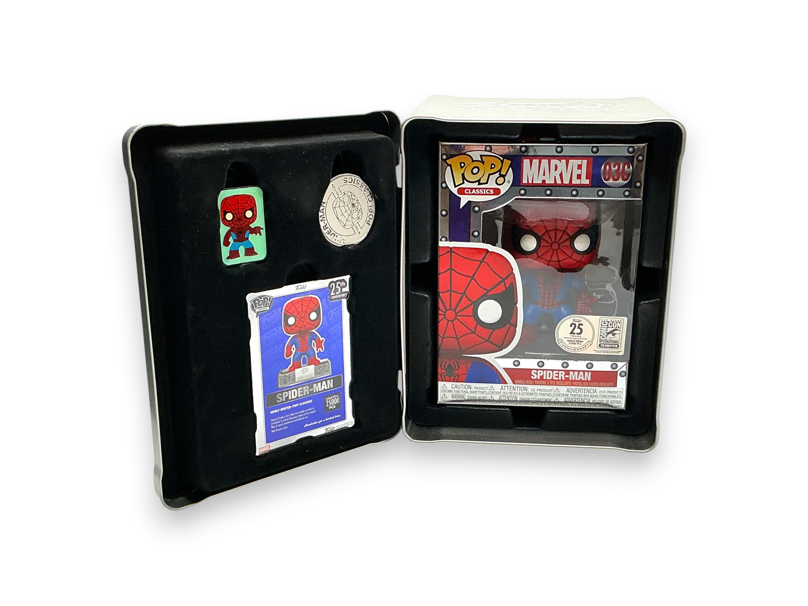Lowkey Stock Funko Pop Classics Spider-Man #03C SDCC 2023 exclusive 25th anniversary tin set with figure and pin