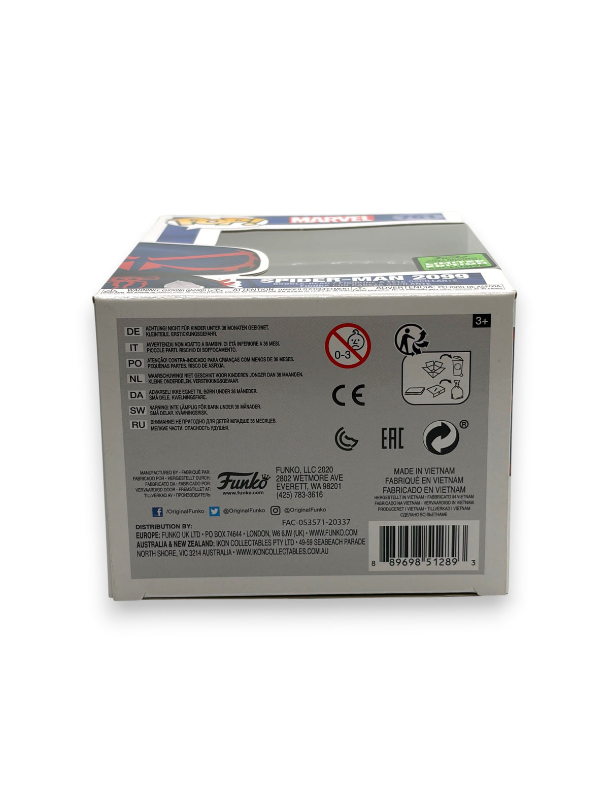 Lowkey Stock Funko Pop Marvel Spider-Man 2099 vinyl figure box back with 2021 Spring Convention Exclusive sticker