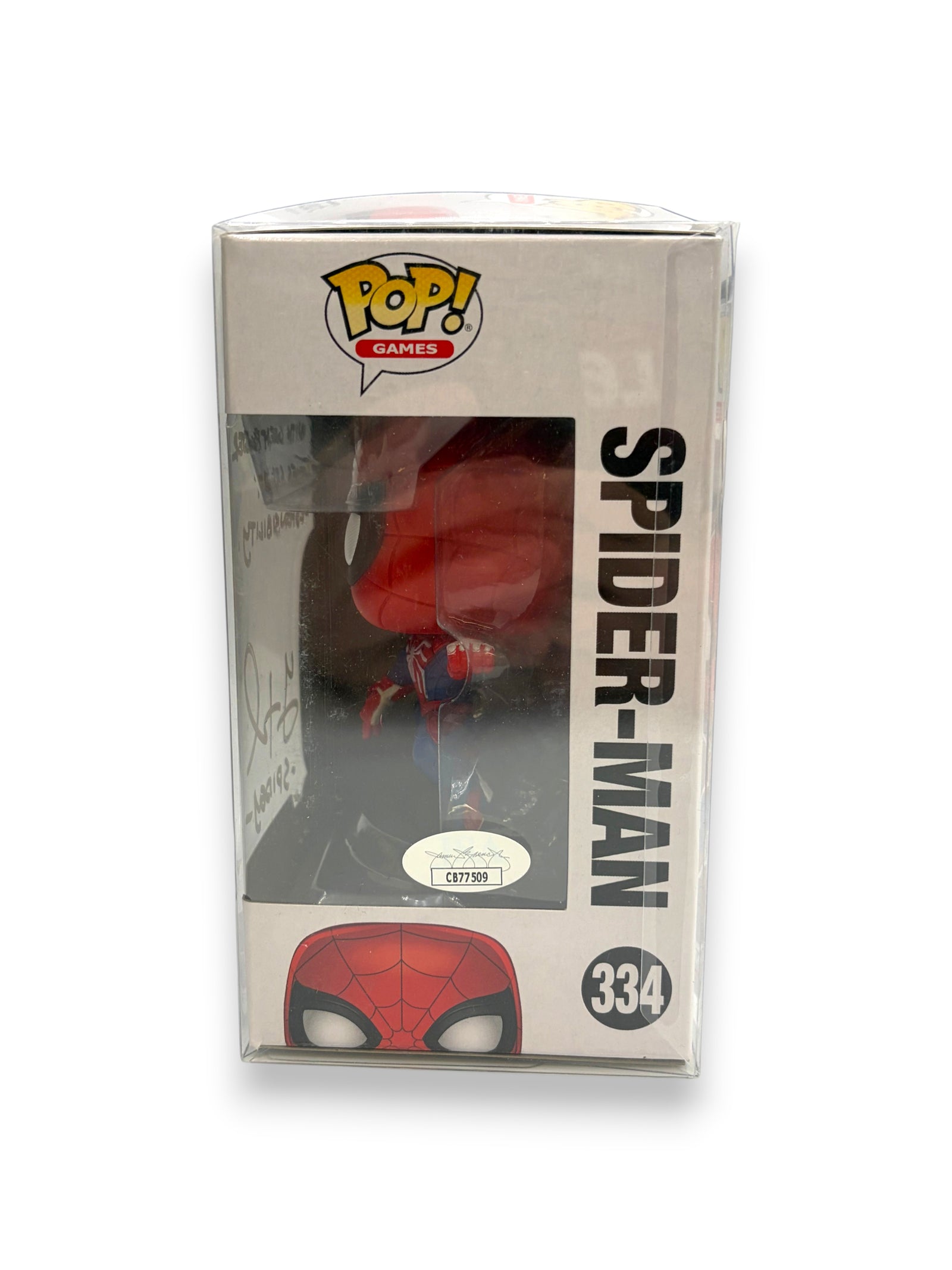 Lowkey Stock Funko Pop! Spider-Man 334 figure autographed by Yuri Lowenthal with JSA authentication in display box