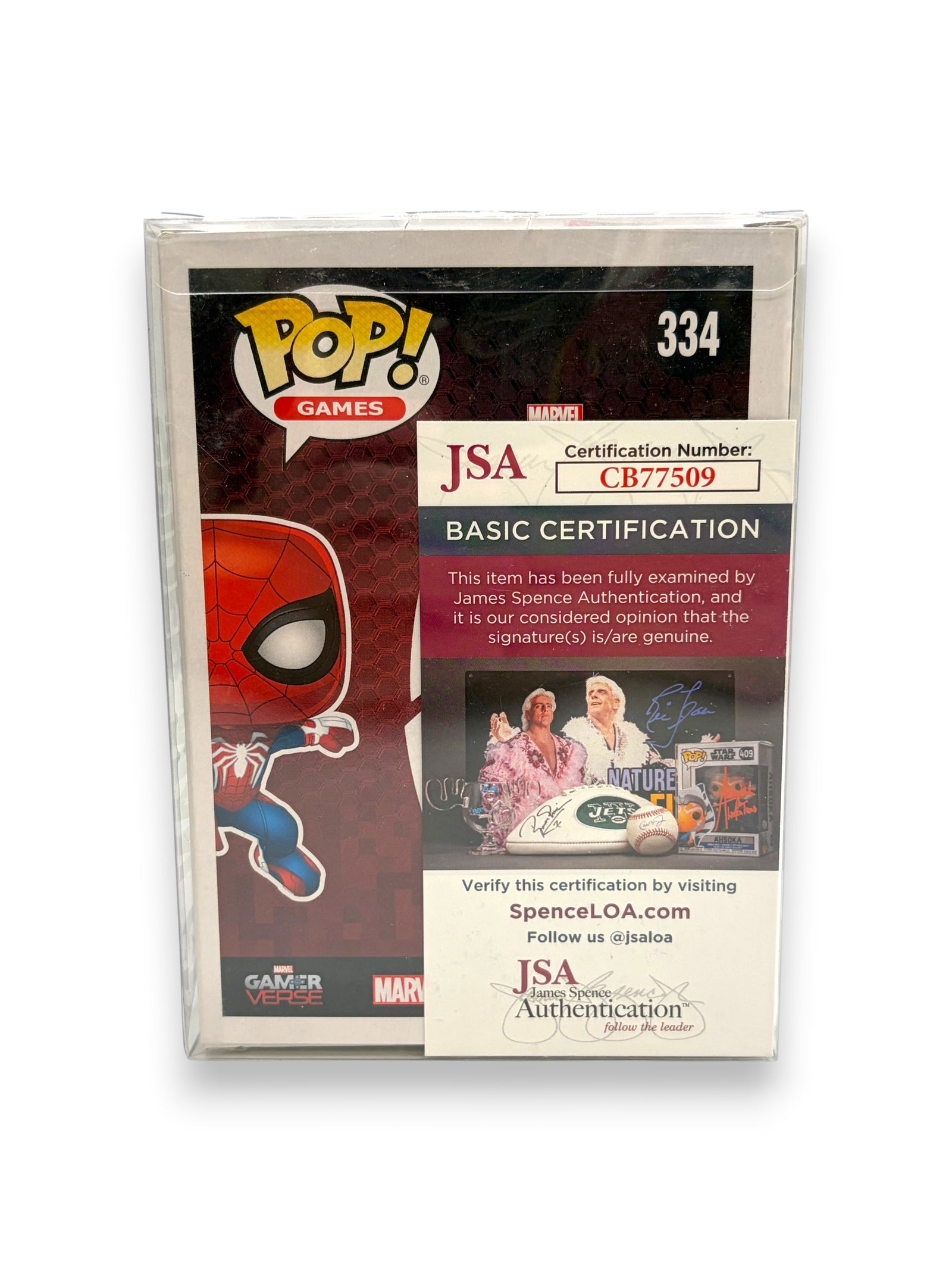 Lowkey Stock Funko Pop Spider-Man 334 figure autographed by Yuri Lowenthal with JSA certification card
