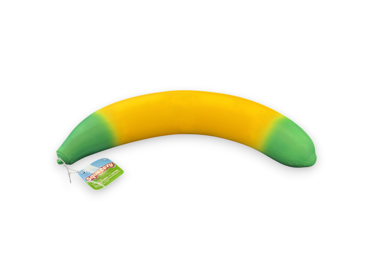 Lowkey Stock Toymendous Squeeezy banana stress toy with yellow and green gradient finish