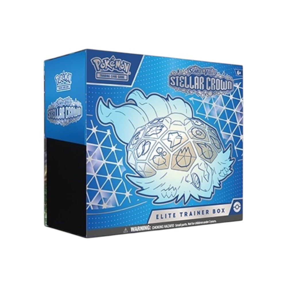 Lowkey Stock Pokémon TCG Stellar Crown Elite Trainer Box featuring Terapagos artwork on a blue collector box