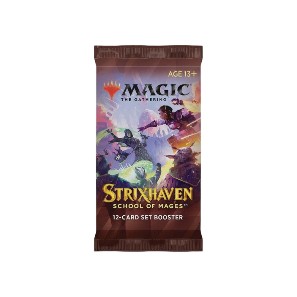 Lowkey Stock Magic The Gathering Strixhaven School of Mages 12-card set booster pack in brown packaging