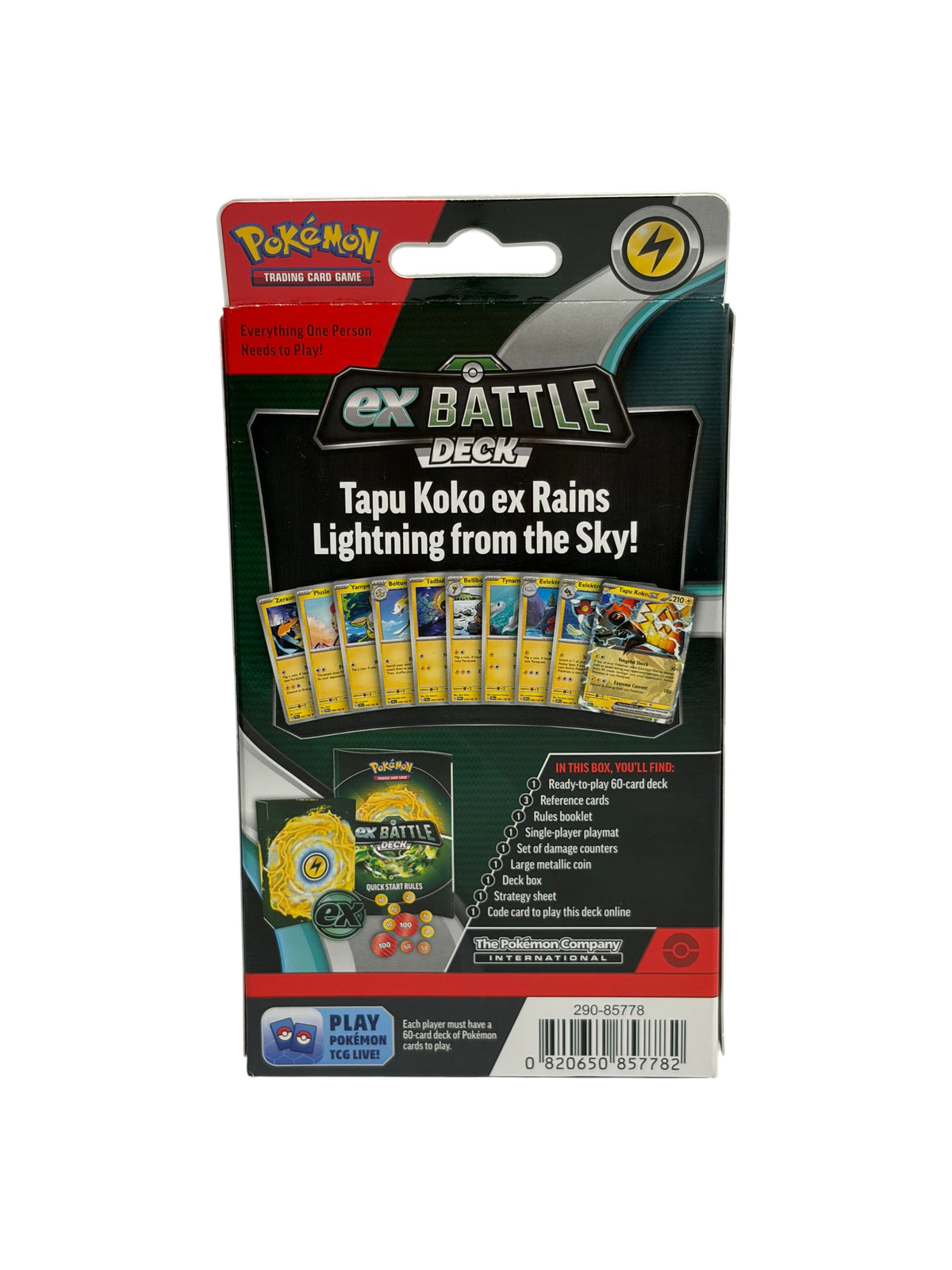 Lowkey Stock Pokémon TCG Tapu Koko ex Battle Deck box featuring lightning-themed artwork and game components