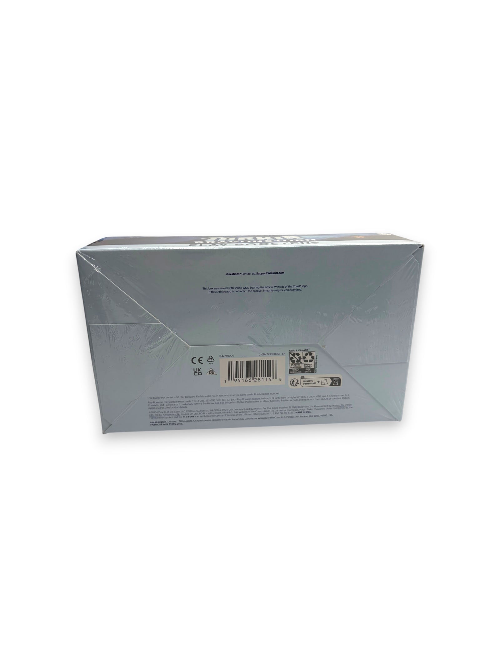 Lowkey Stock sealed Tarkir Dragonstorm Magic the Gathering play booster box showing the back packaging details