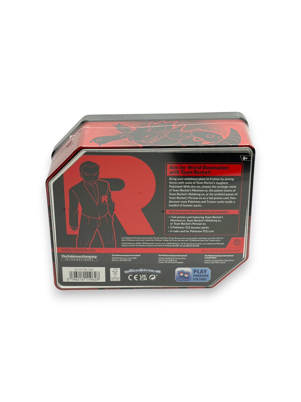 Lowkey Stock Pokemon TCG Team Rocket Mewtwo EX tin back view showing product details and Team Rocket branding