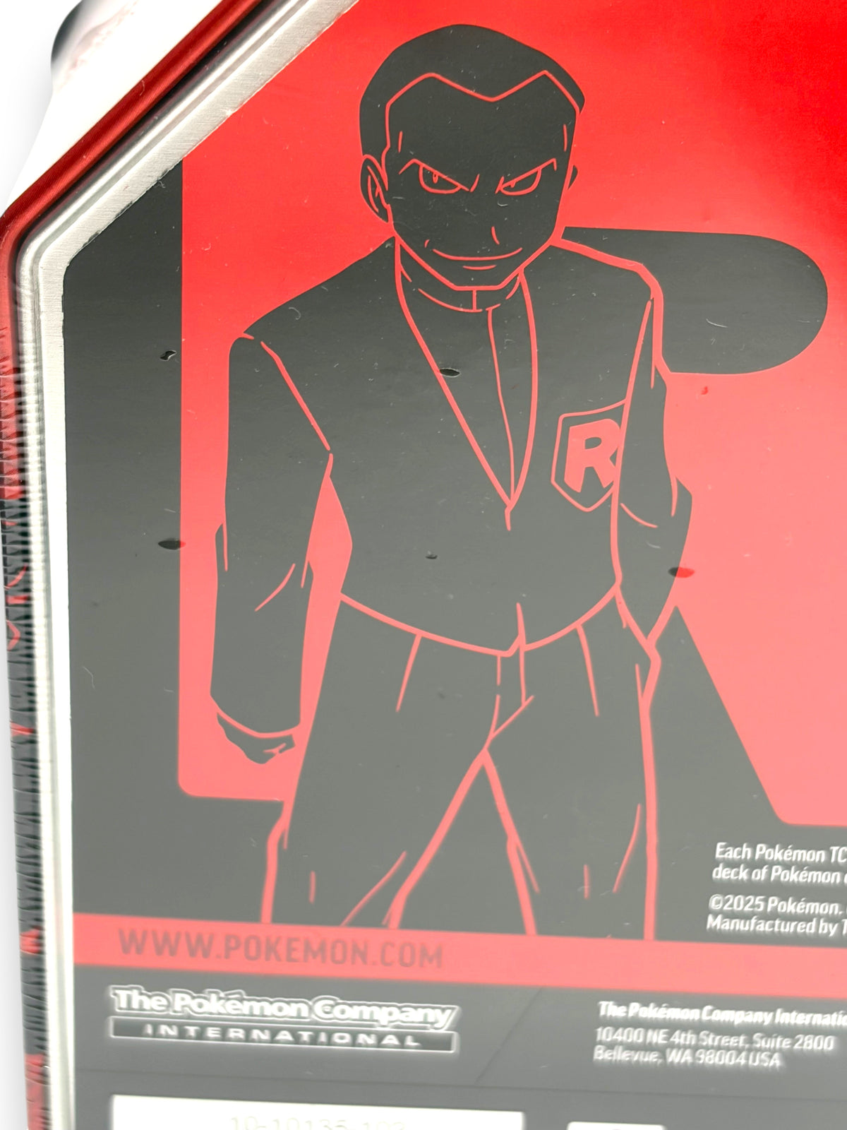 Lowkey Stock Pokemon TCG Team Rocket Mewtwo EX tin featuring a red and black Team Rocket character graphic