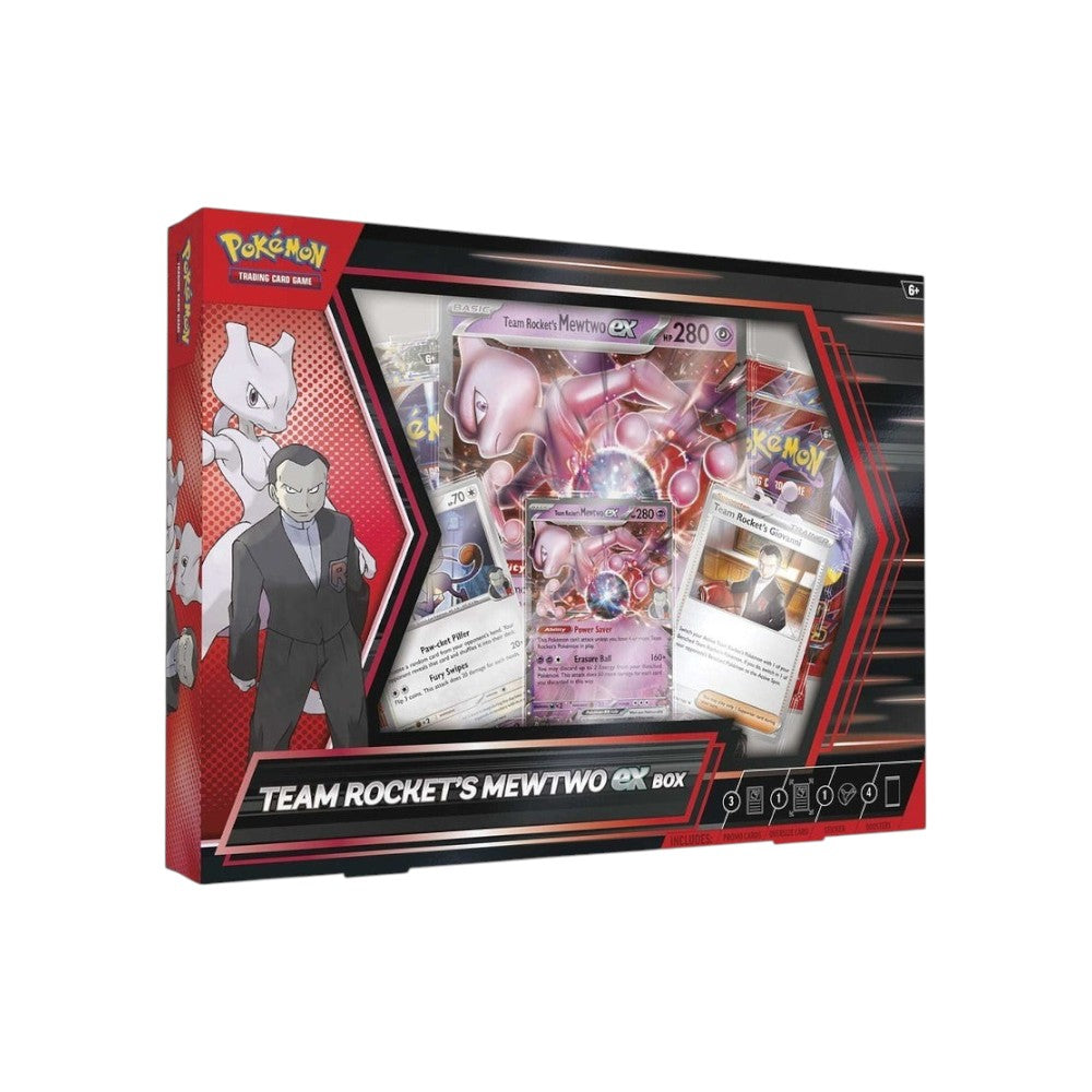 Lowkey Stock Pokémon TCG Team Rocket's Mewtwo ex Box featuring promo cards, booster packs, and collector items.