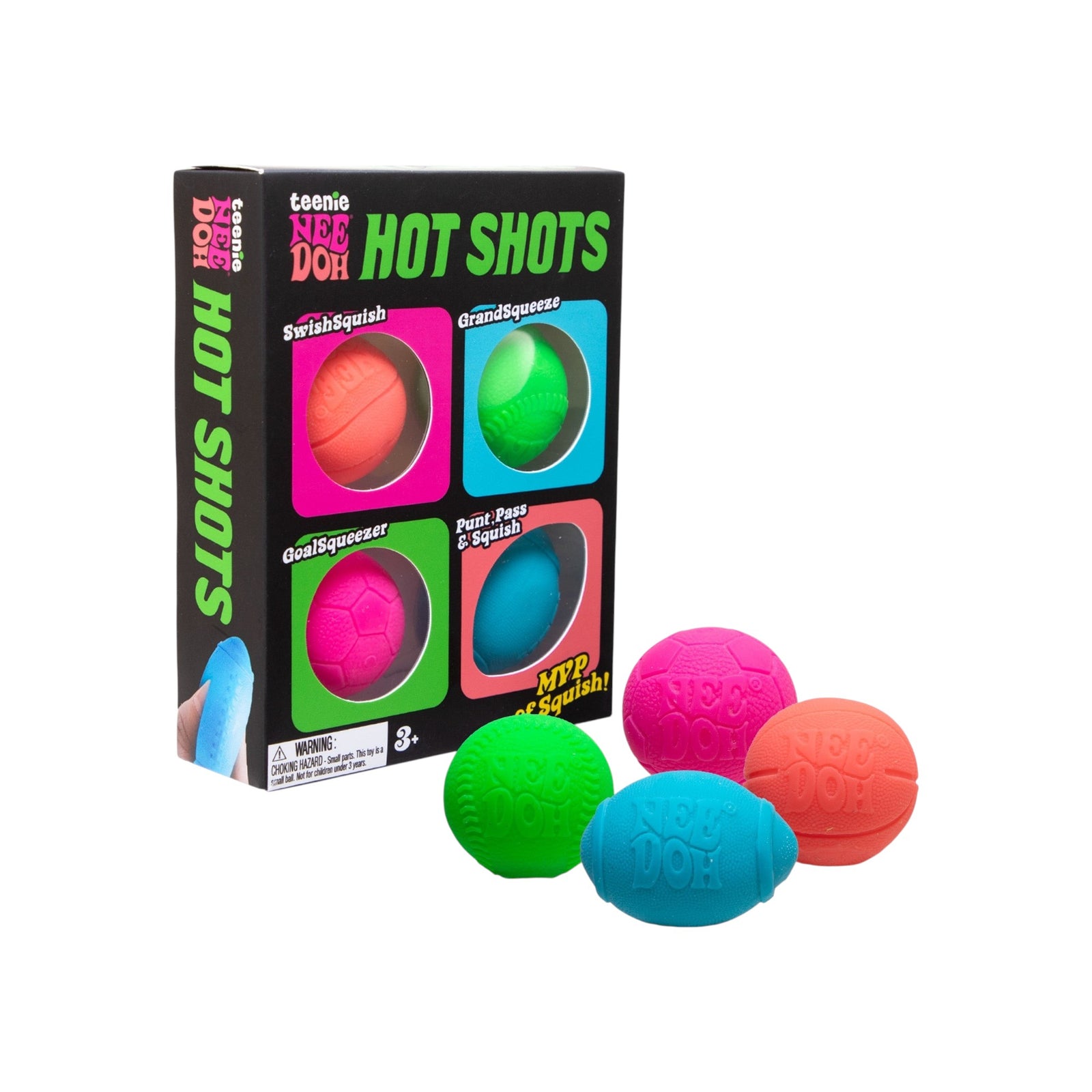 Lowkey Stock Schylling Teenie NeeDoh Hot Shots multipack featuring four colourful, textured sensory squeeze balls.