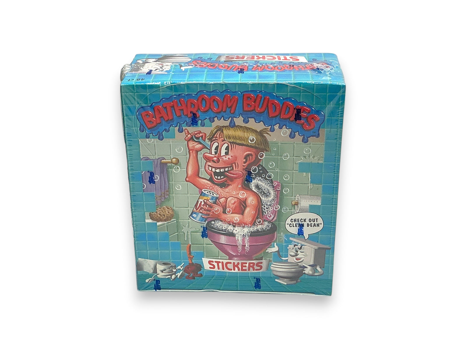 Lowkey Stock factory sealed Topps Bathroom Buddies sticker box featuring cartoon graphics on a blue tiled background