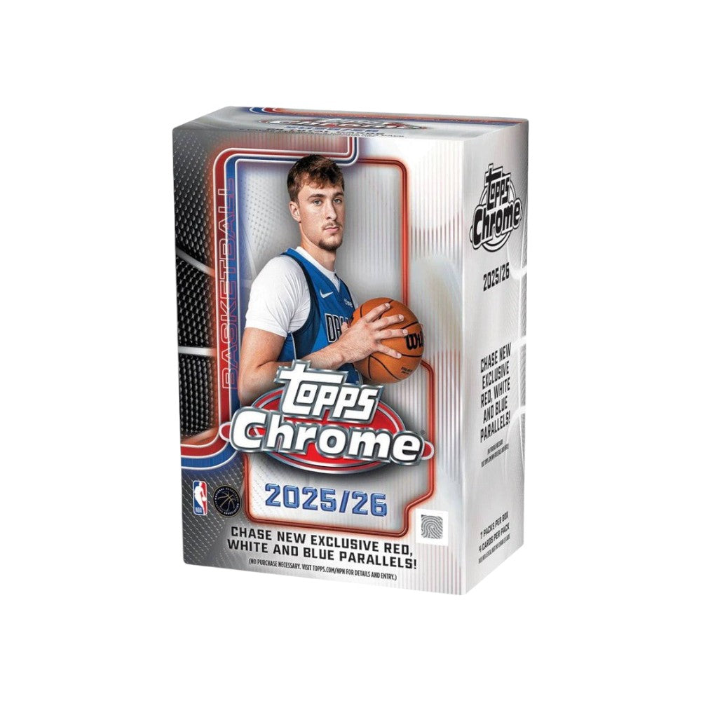 Lowkey Stock 2025/26 Topps Chrome Basketball blaster box featuring a player with a basketball on the packaging.
