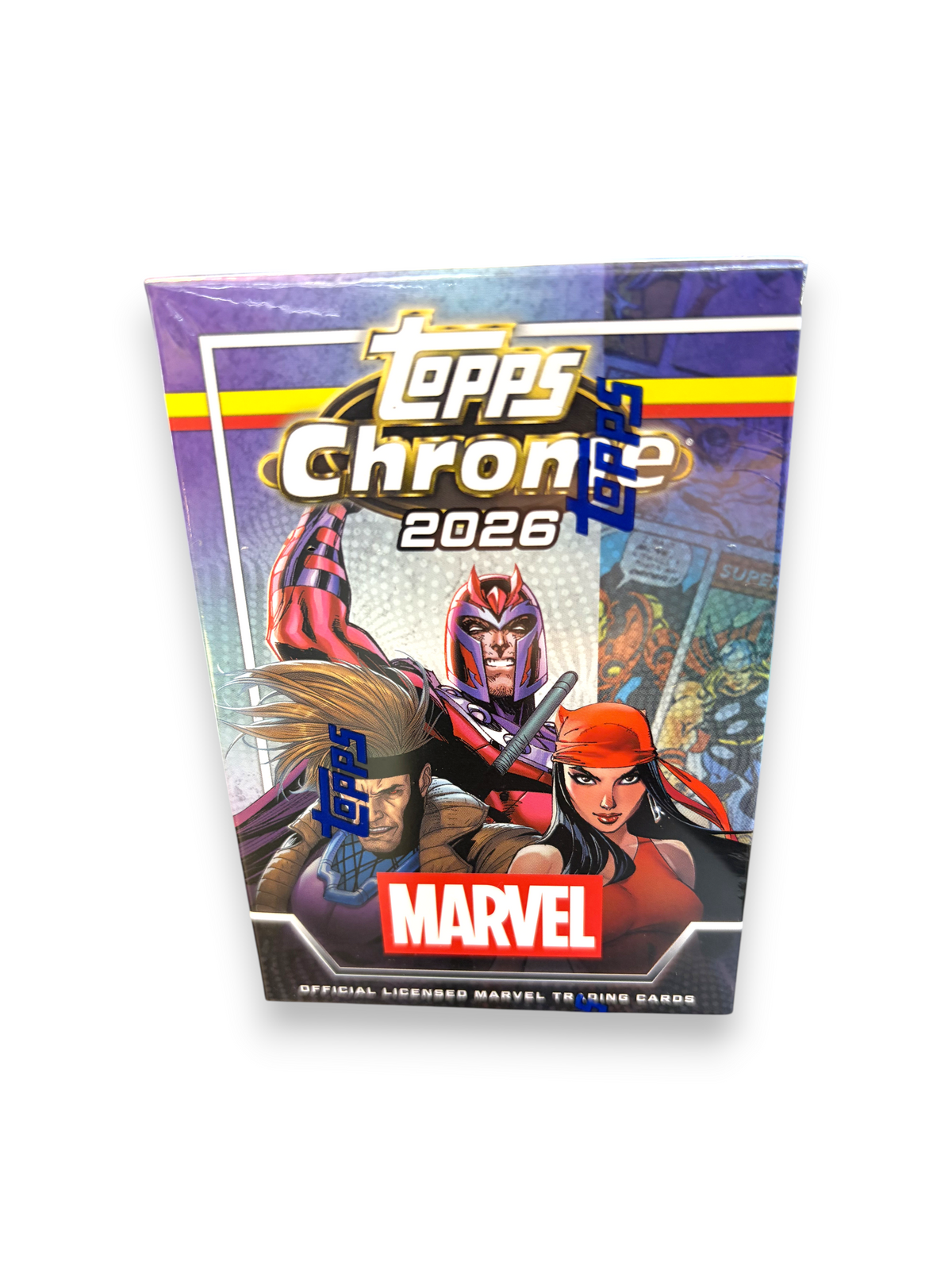 Lowkey Stock Topps Chrome Marvel 2026 trading card blaster box featuring Magneto, Gambit, and Rogue illustrations