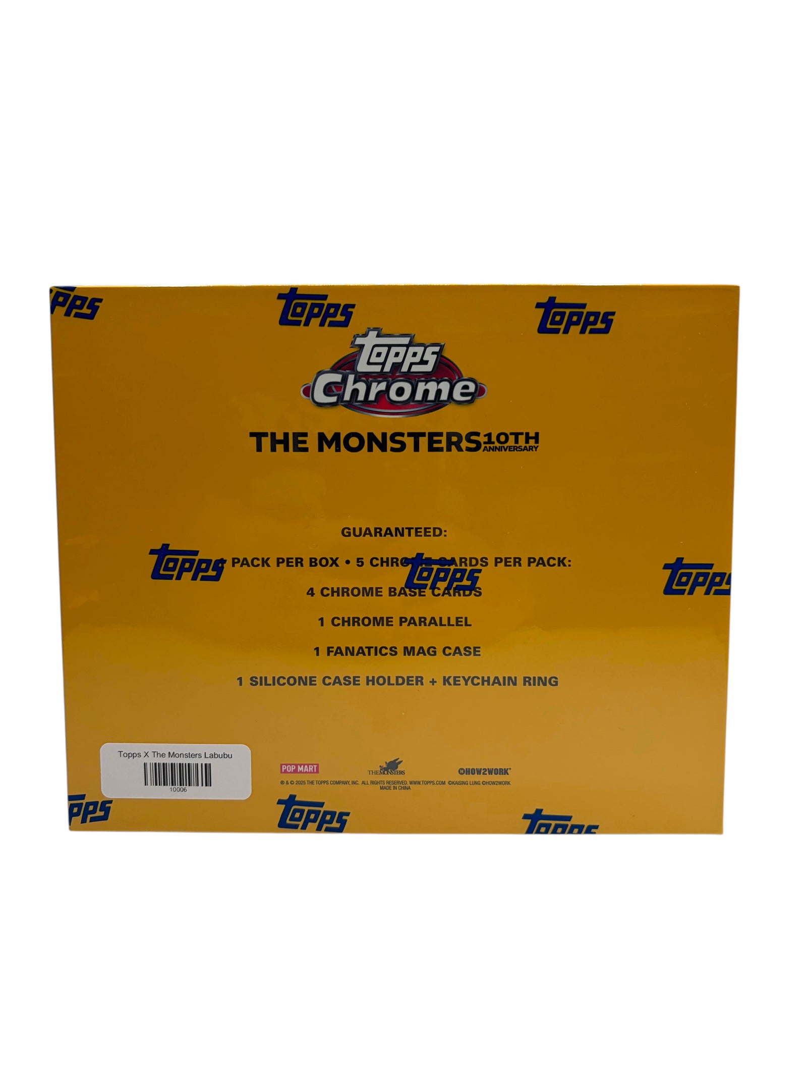Lowkey Stock 2025 Topps-Labubu Chrome 10th Anniversary factory-sealed trading card box in yellow packaging