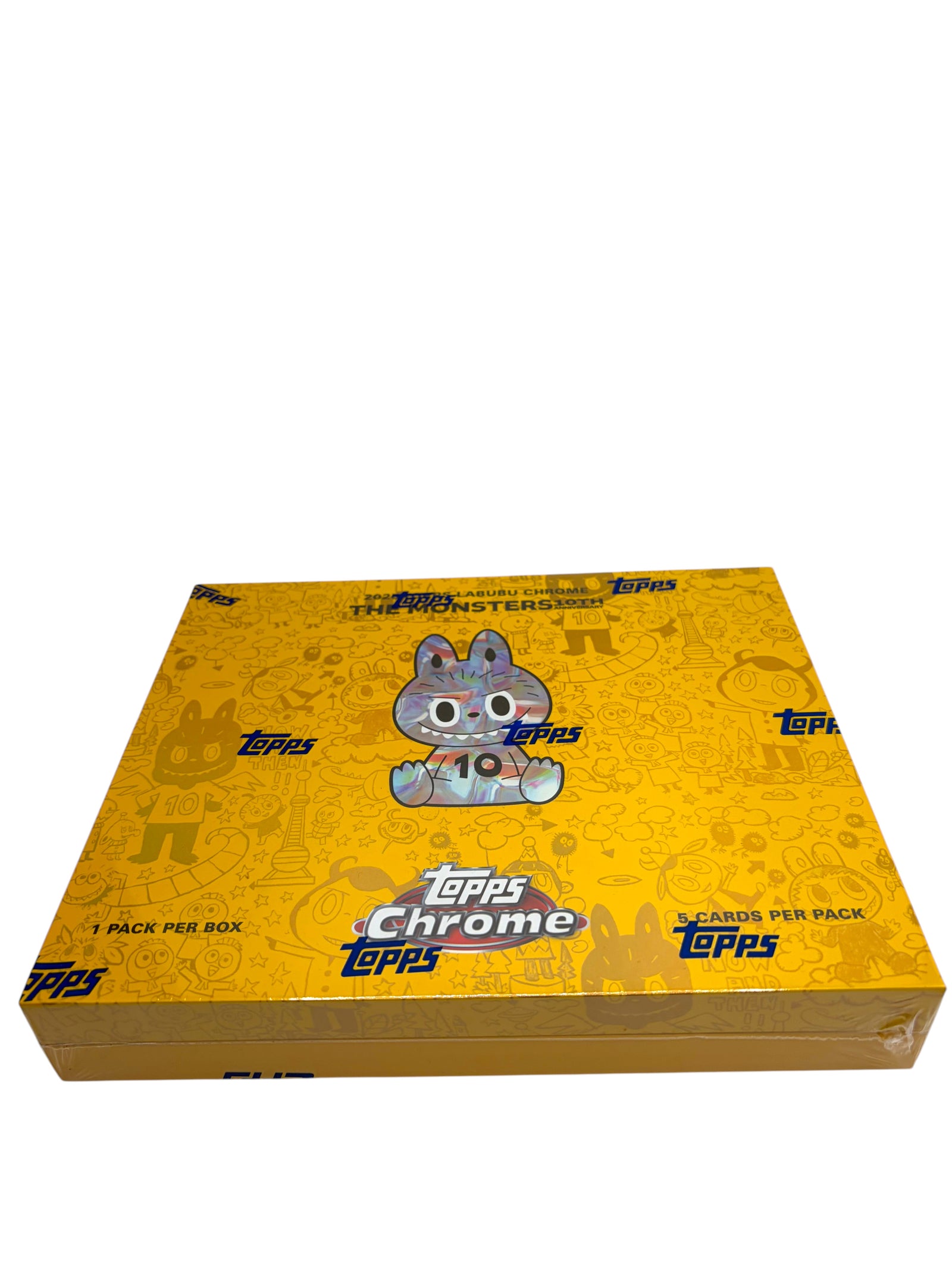 Lowkey Stock 2025 Topps-Labubu Chrome 10th Anniversary factory-sealed yellow trading card box with Labubu character