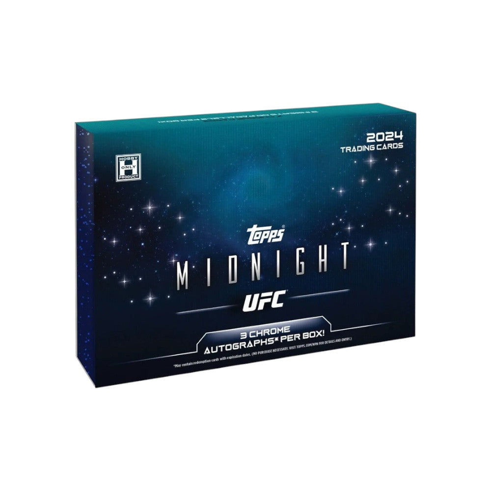 Lowkey Stock 2024 Topps Midnight UFC hobby box featuring a dark blue starry design and three chrome autograph cards