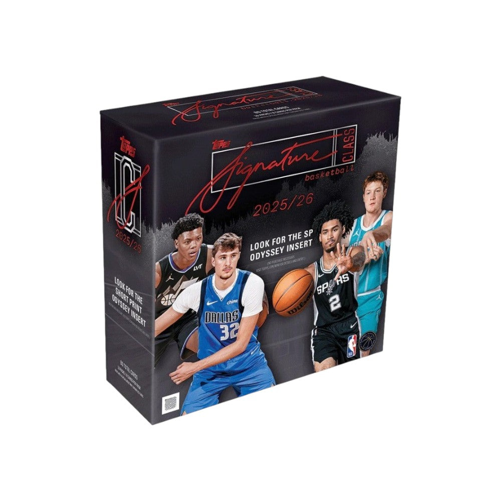 Lowkey Stock 2025/26 Topps Signature Class Basketball Mega Box featuring NBA player imagery on a black retail box.