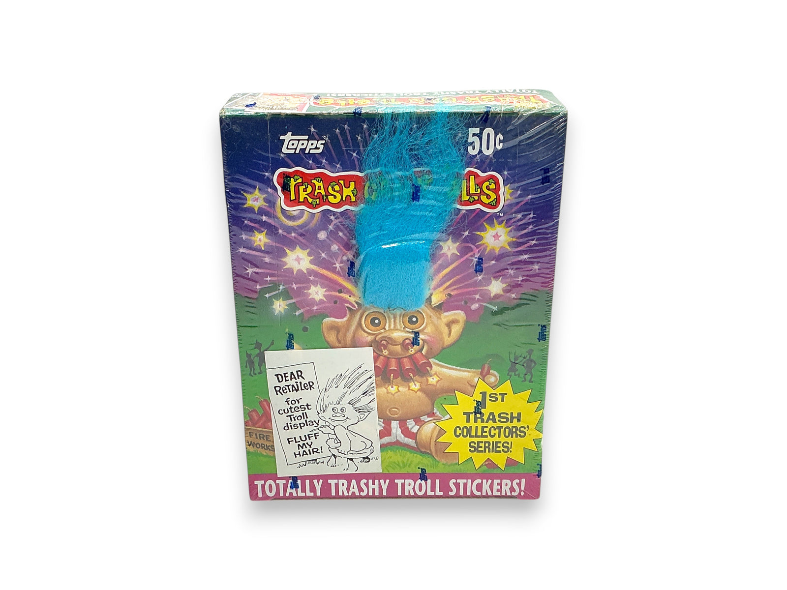 Lowkey Stock 1992 Topps Trash Can Trolls 1st Series wax sealed trading card sticker box with blue-haired troll art