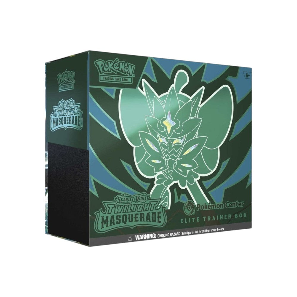 Lowkey Stock Pokémon TCG Twilight Masquerade Elite Trainer Box featuring Ogerpon artwork on a green collector box