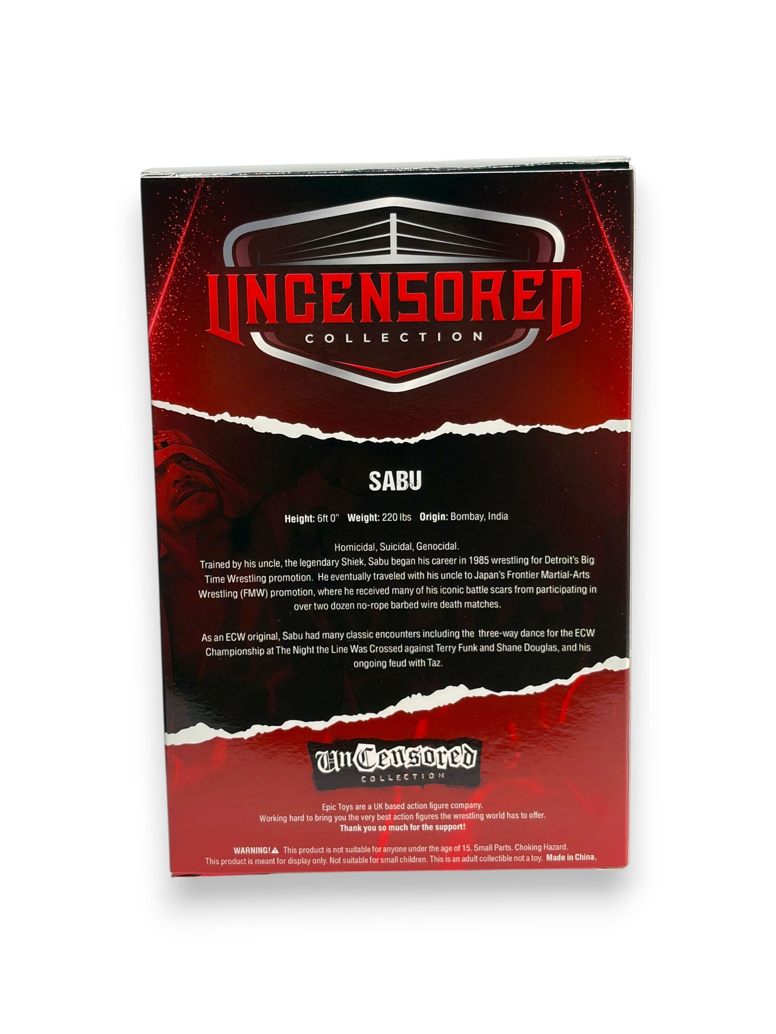 Lowkey Stock Epic Chella Toys Uncensored Sabu action figure box back featuring wrestler biography and stats