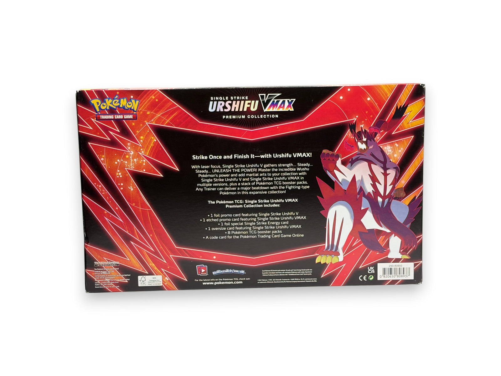 Lowkey Stock Pokémon TCG Single Strike Urshifu VMAX Premium Collection box back view with character illustration